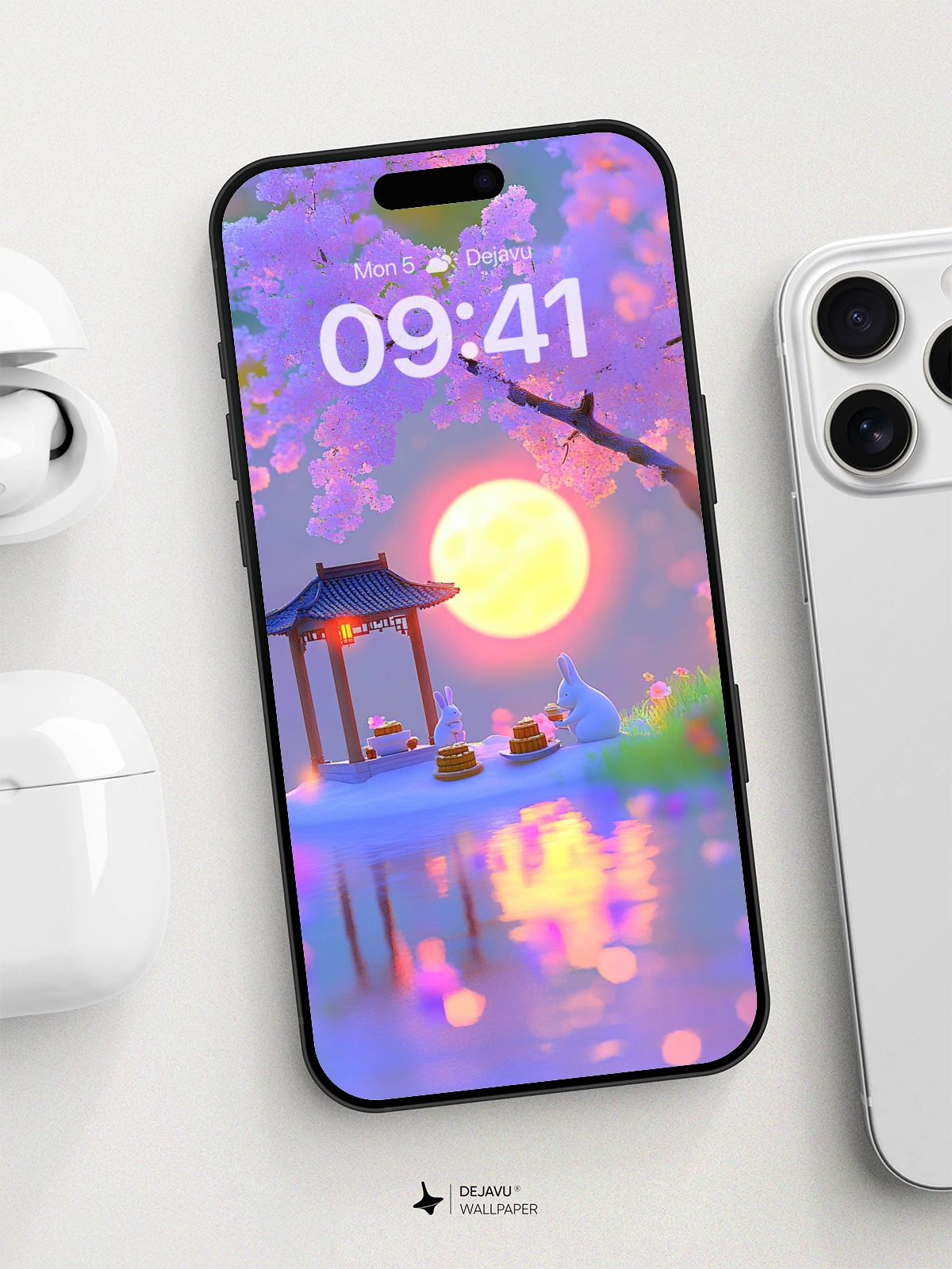 8K Aesthetic Minimalist Wallpaper: Moonlit Garden with Cute Rabbits