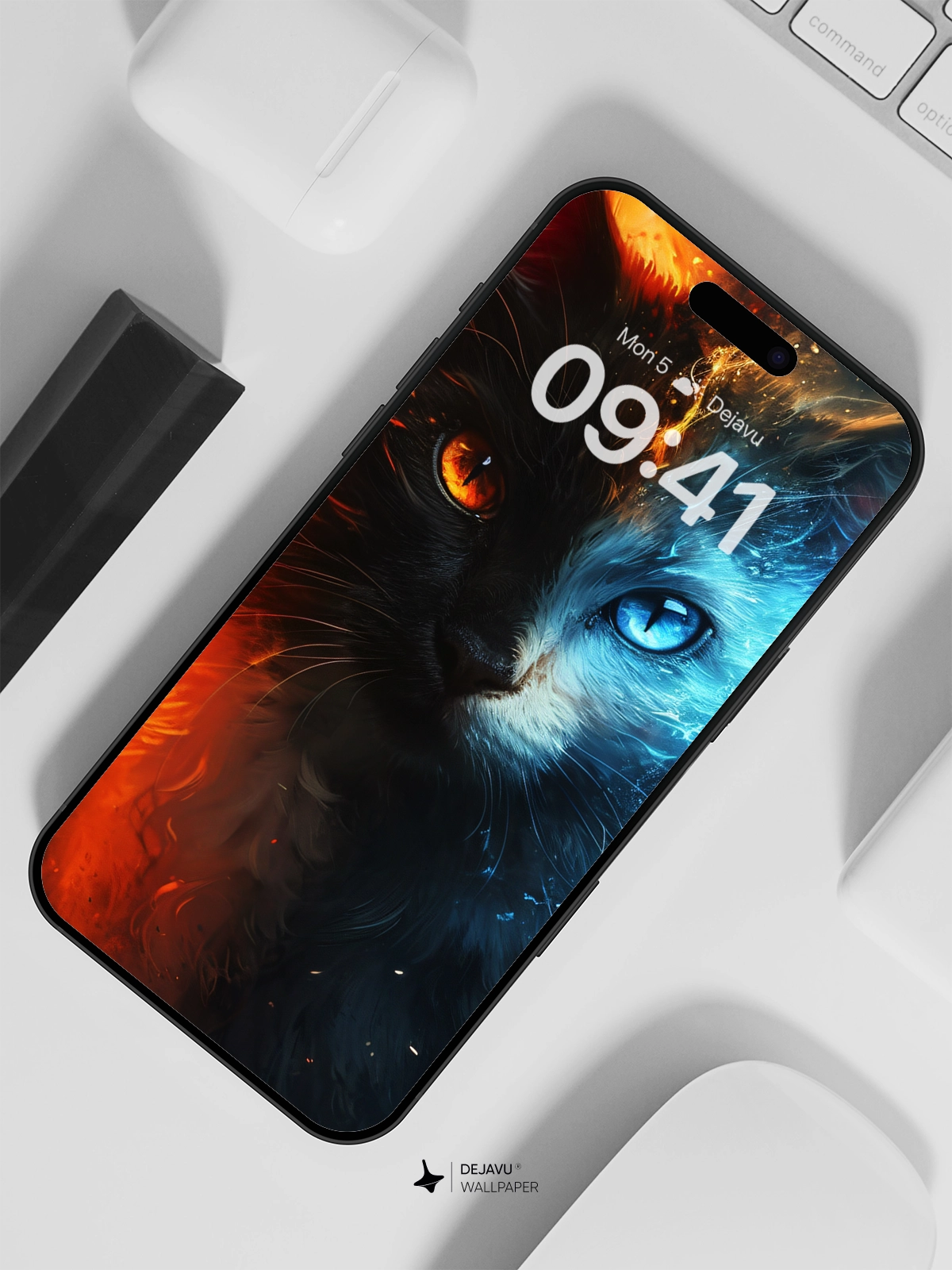 8K Abstract Fire and Ice Cat Wallpaper
