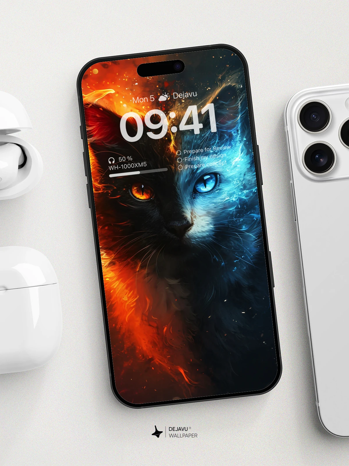 8K Abstract Fire and Ice Cat Wallpaper