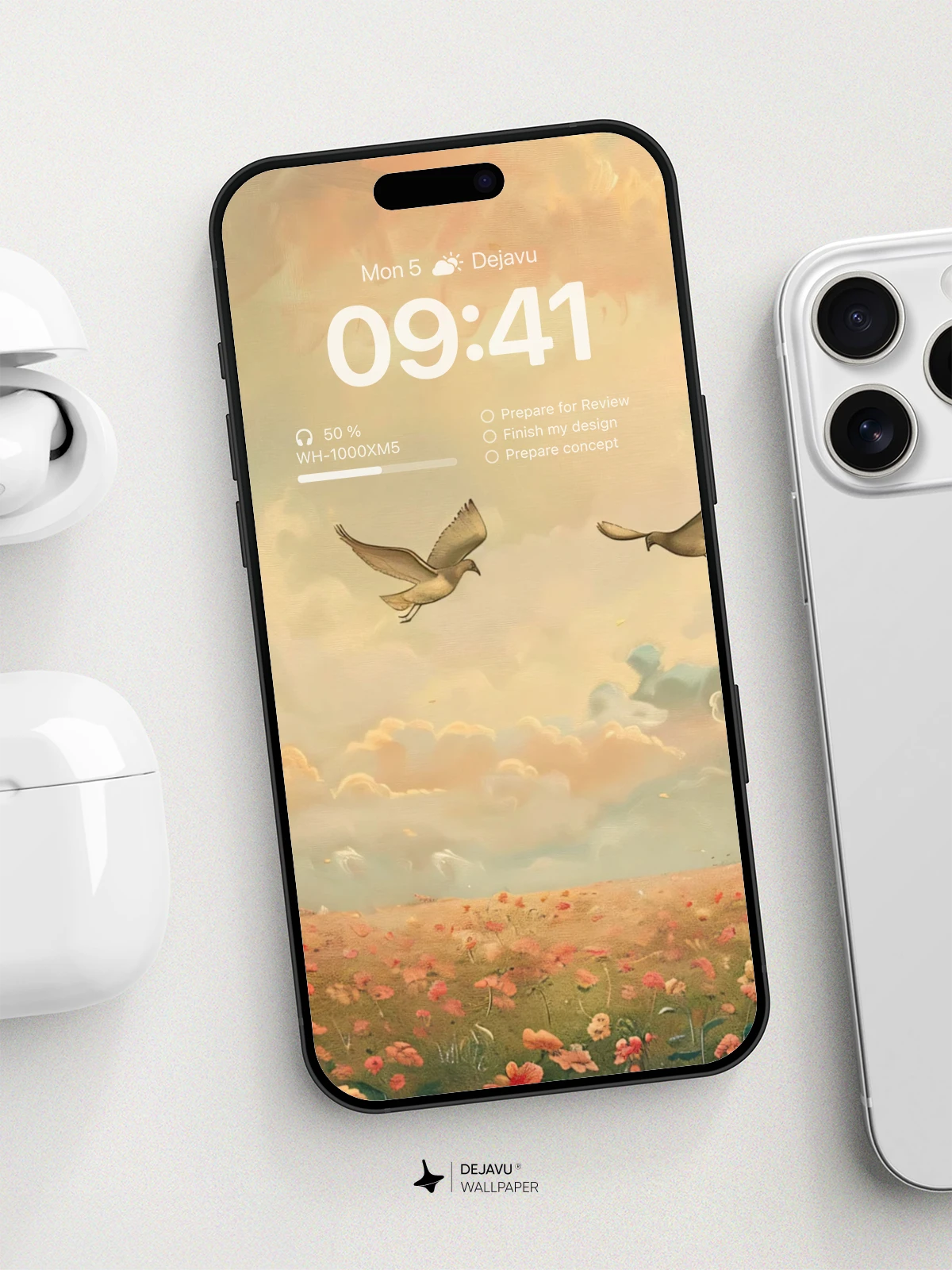 8K Aesthetic Painting of Birds in Flight Over a Flower Field