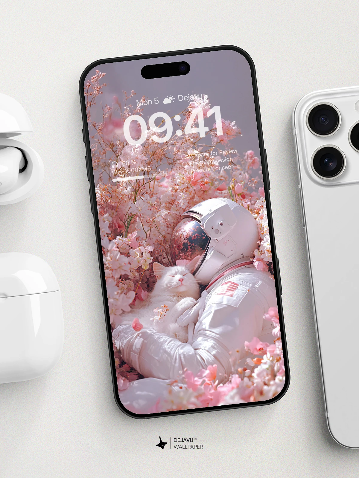 8K Aesthetic Minimalist Wallpaper: Astronaut and Cat in a Sea of Flowers