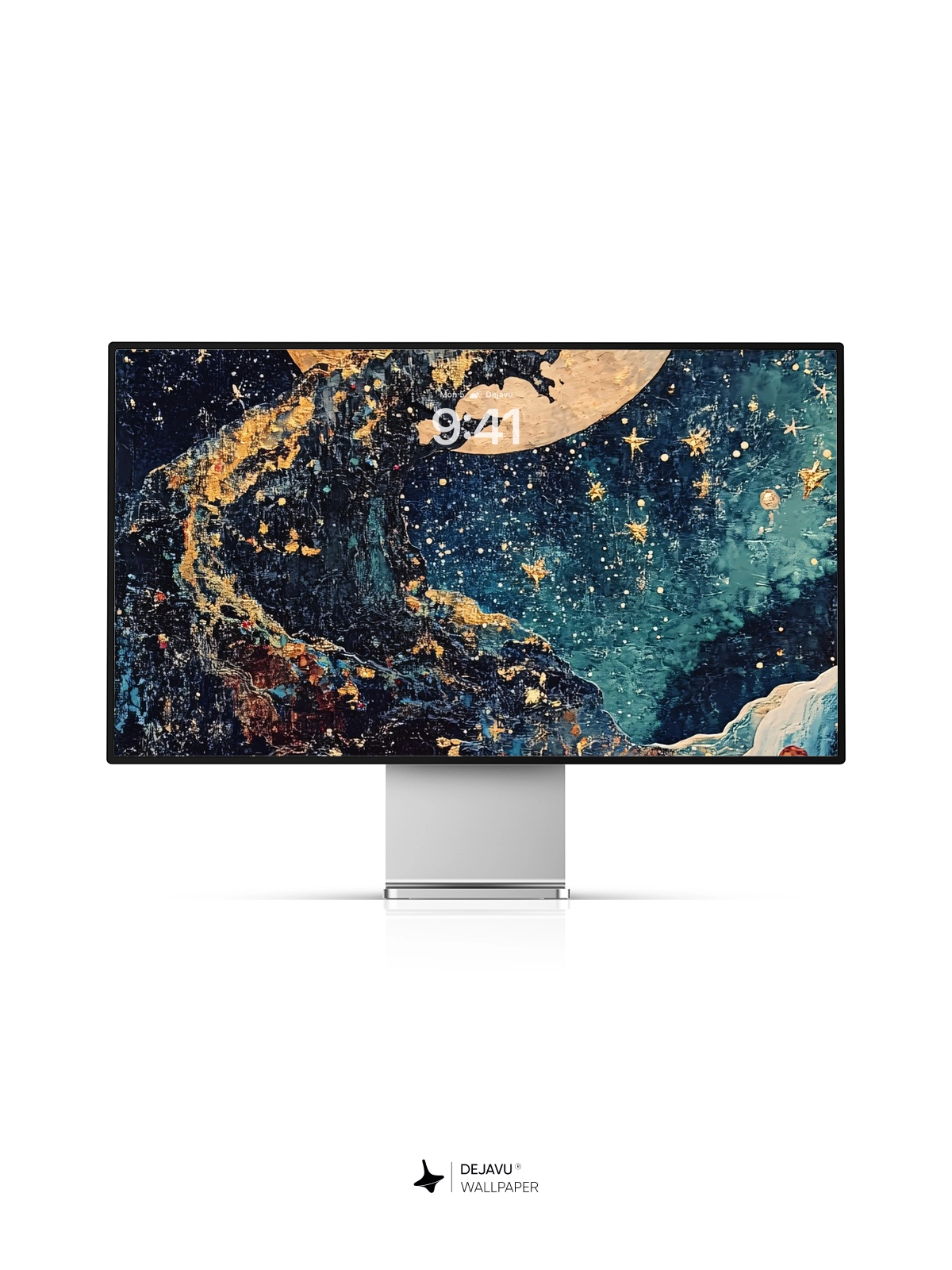 8K Abstract Cosmic Painting: Golden Moon & Starry Night