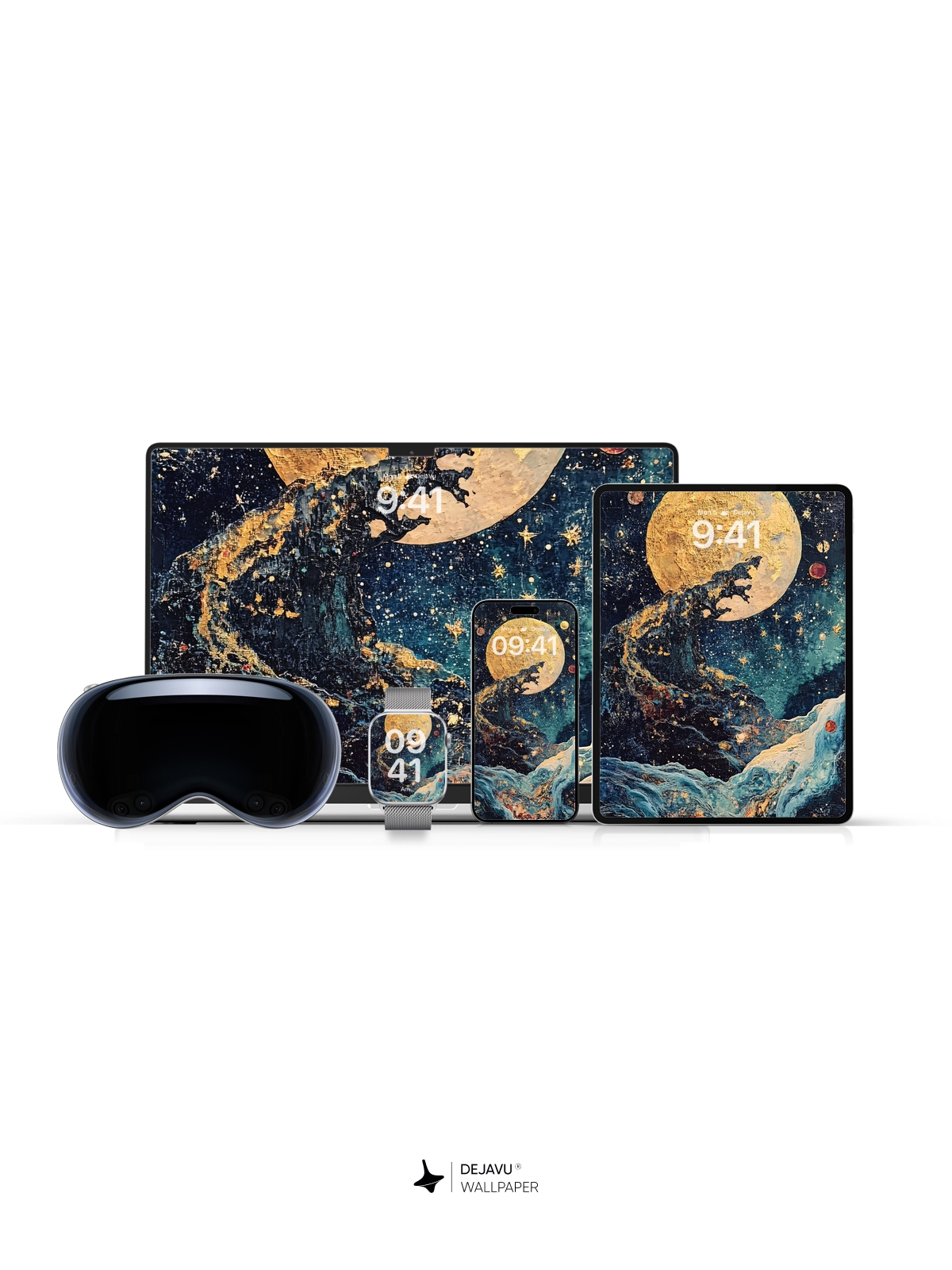 8K Abstract Cosmic Painting: Golden Moon & Starry Night