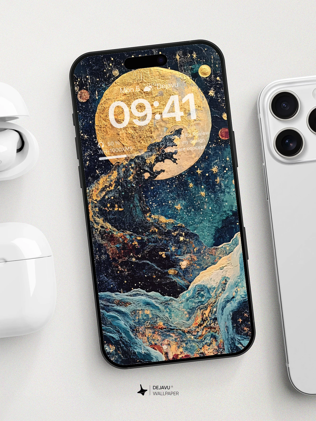8K Abstract Cosmic Painting: Golden Moon & Starry Night