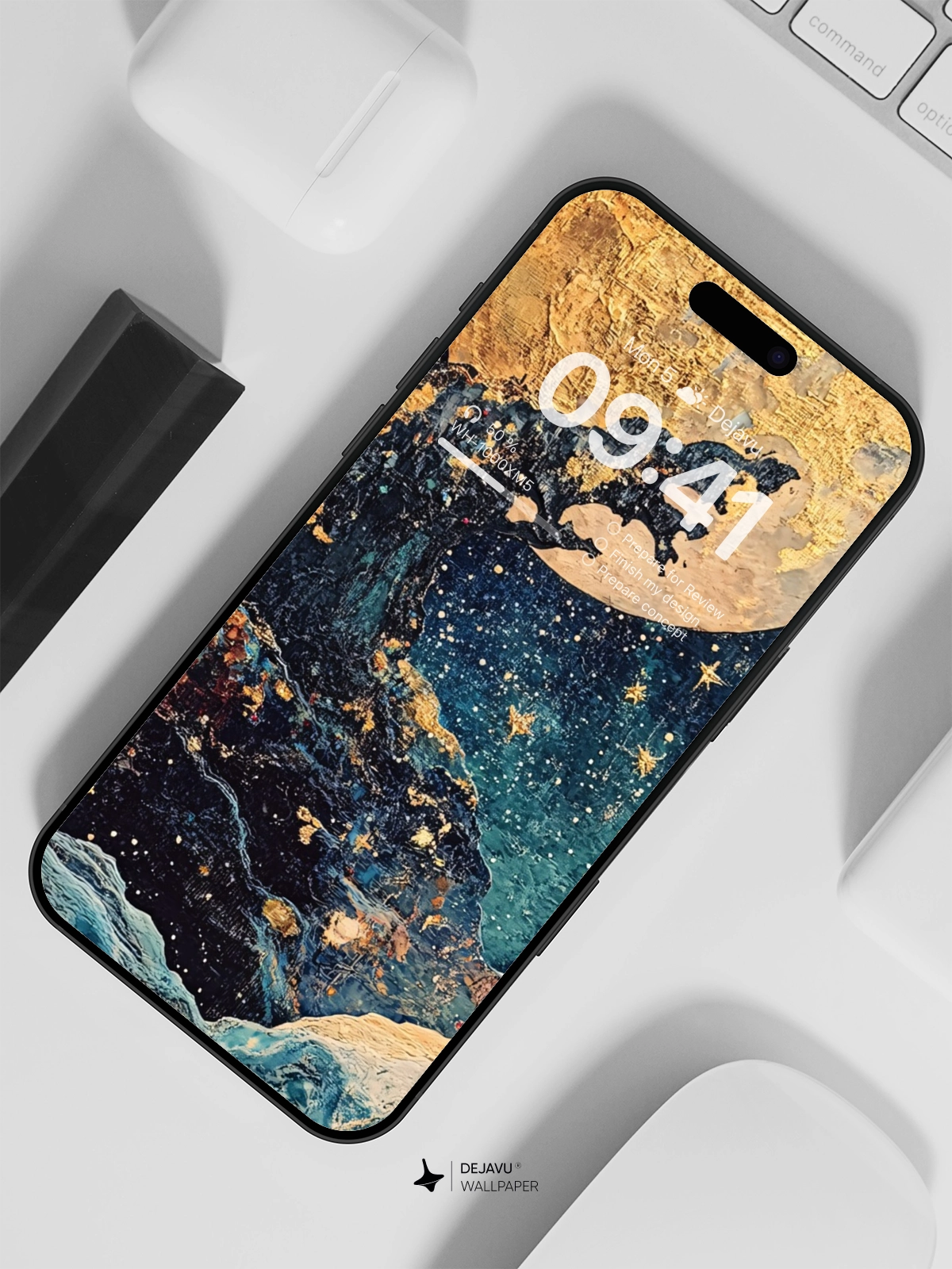 8K Abstract Cosmic Painting: Golden Moon & Starry Night