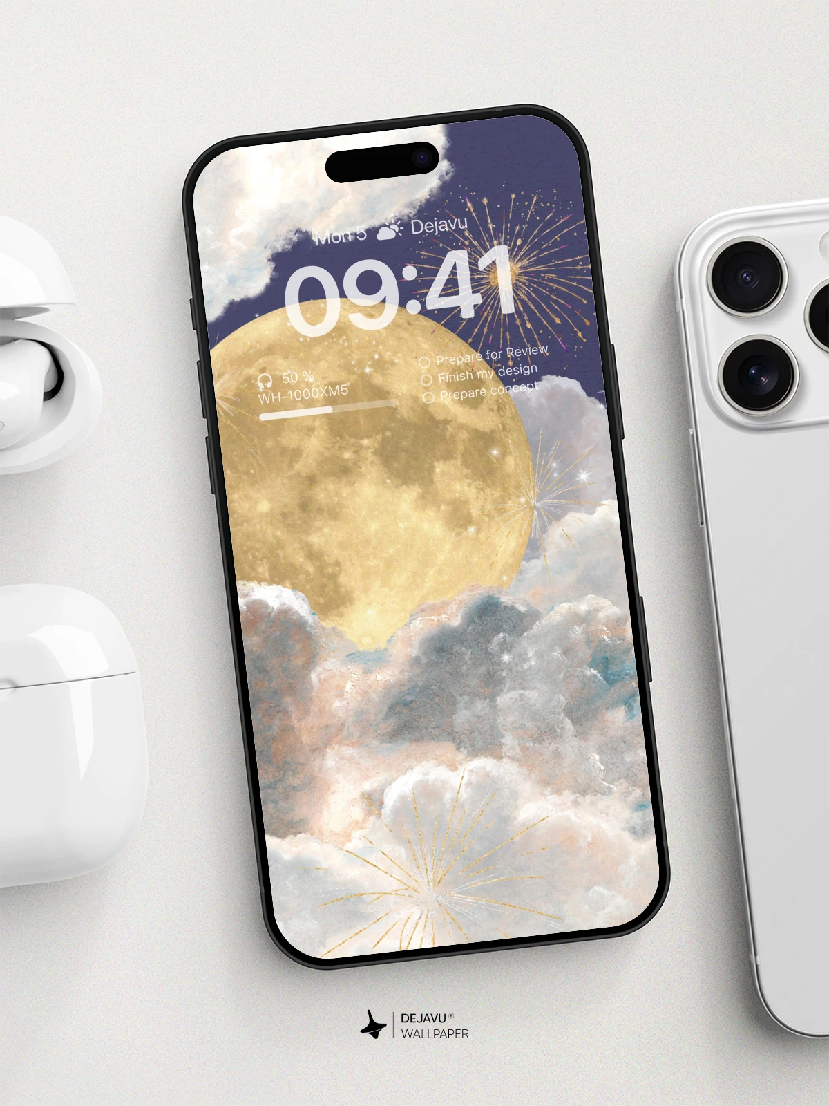 8K Aesthetic Moon and Fireworks Wallpaper