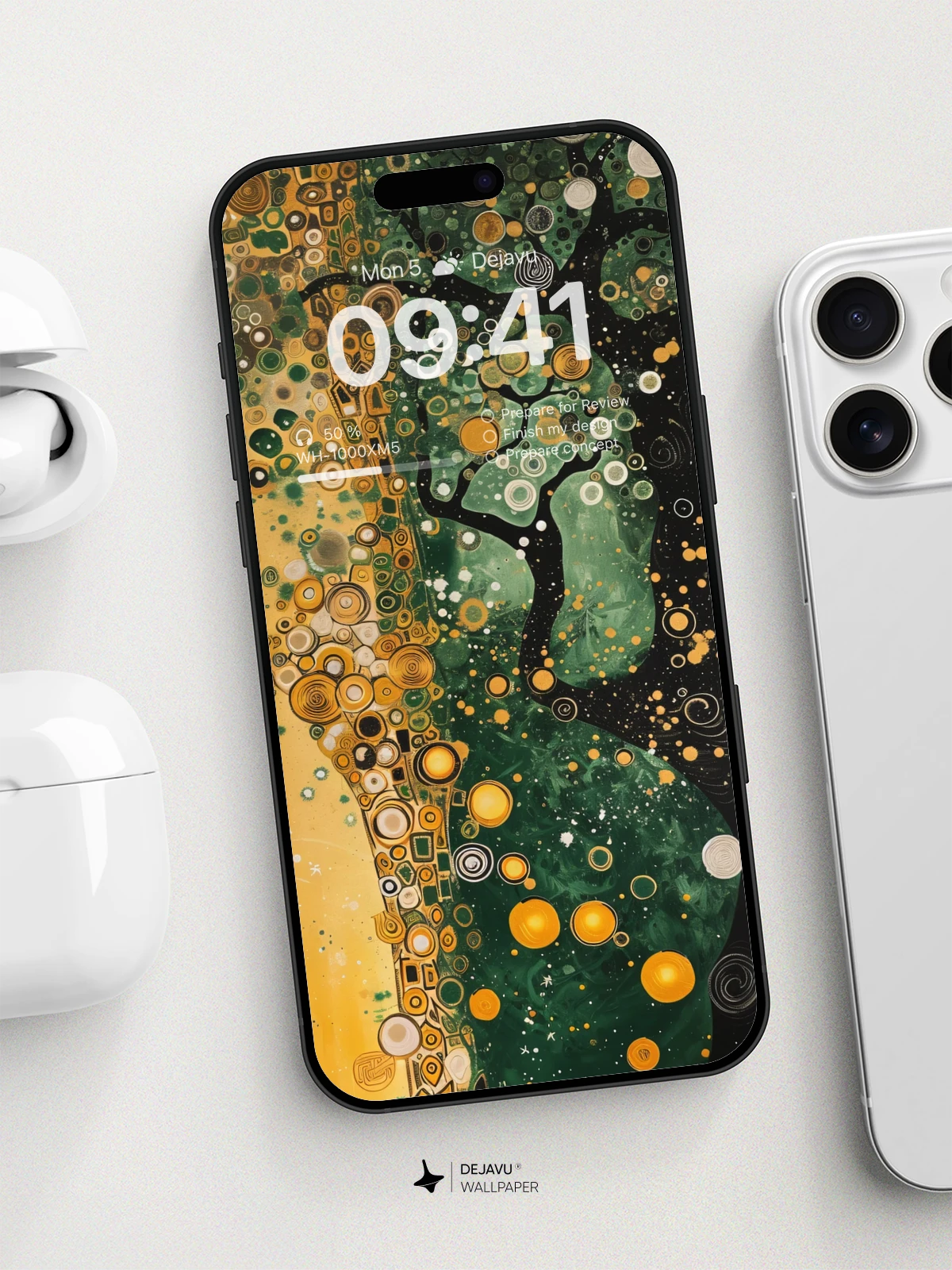 8K Abstract Art: Golden Circles and Green Swirls