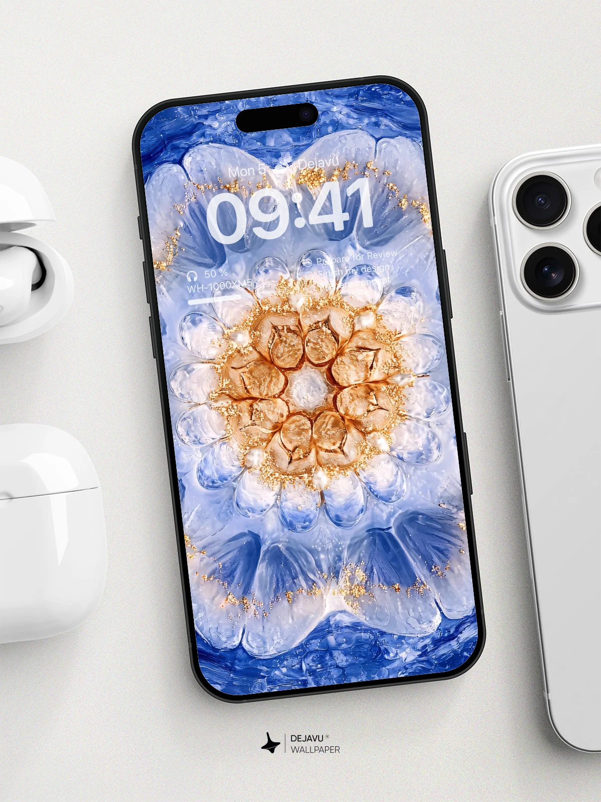 8K Abstract Blue and Gold Floral Wallpaper