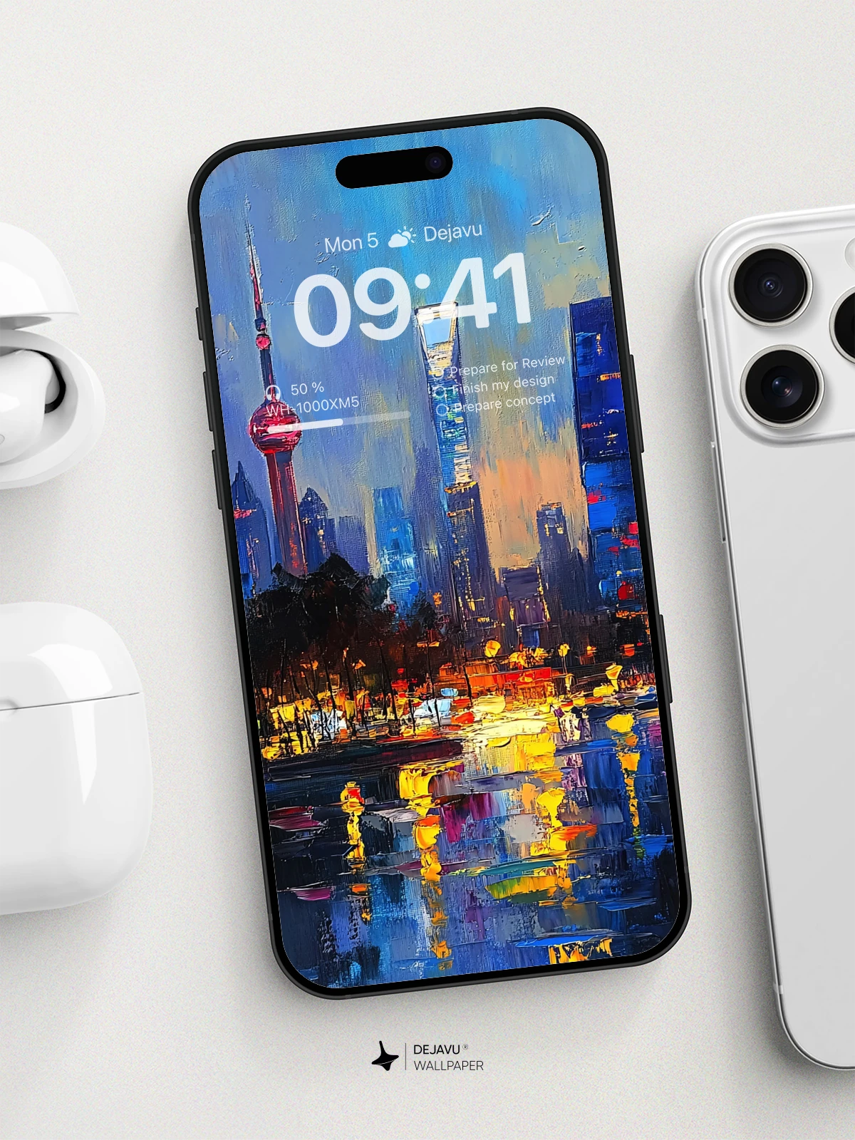 8K Abstract Cityscape Painting: Vibrant Skyscrapers and Reflections