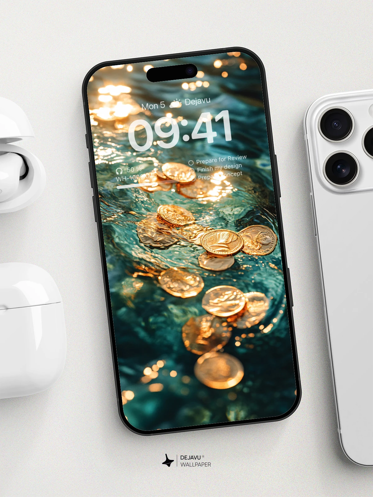 8K Aesthetic Minimalist Wallpaper: Golden Coins in Water