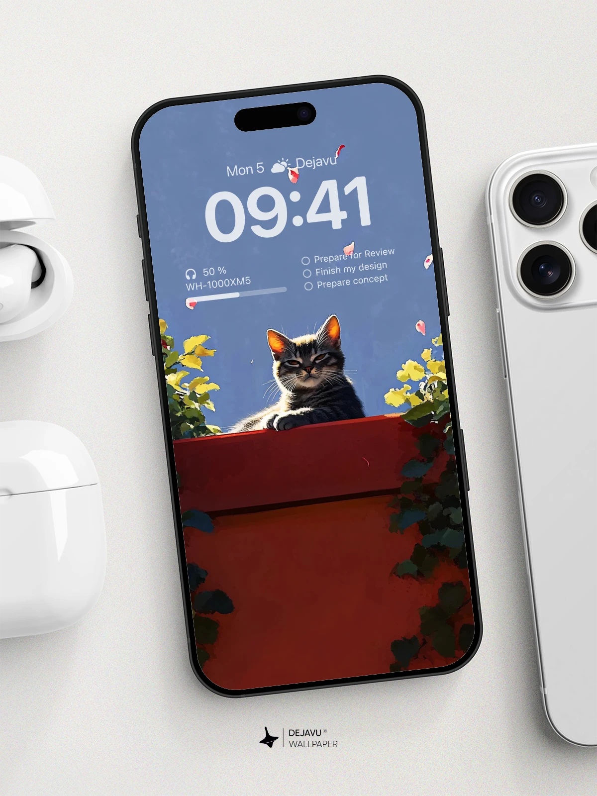 Whimsical Cat on Red Wall Wallpaper 8K