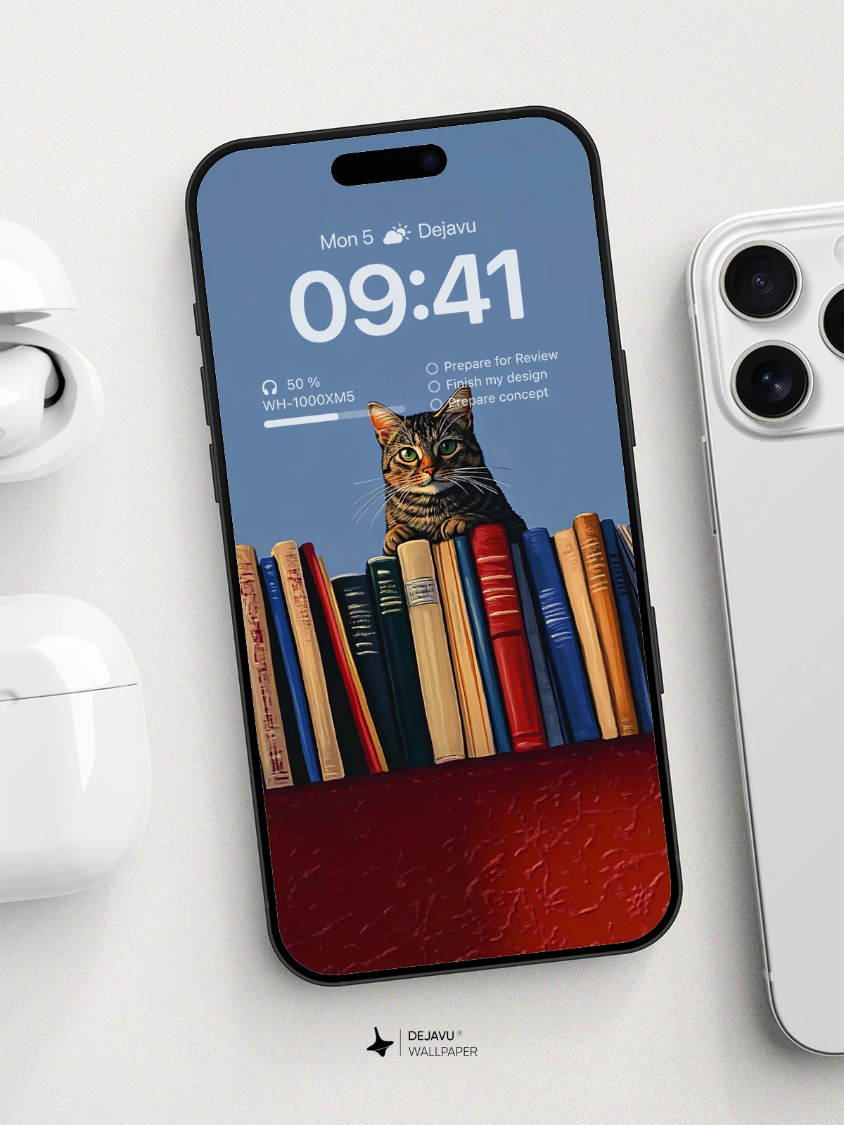 Whimsical Cat on Books Wallpaper 8K