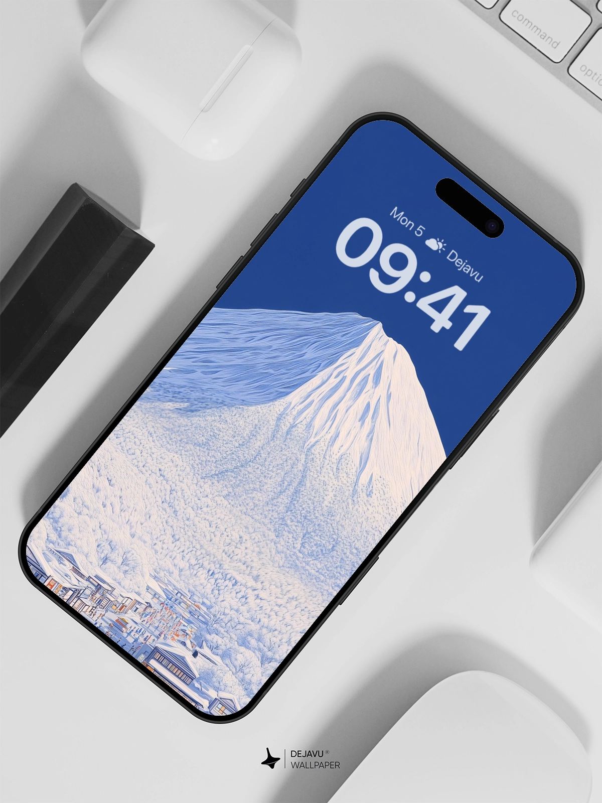 8K Minimal Aesthetic Illustration of Snowy Mountain Village