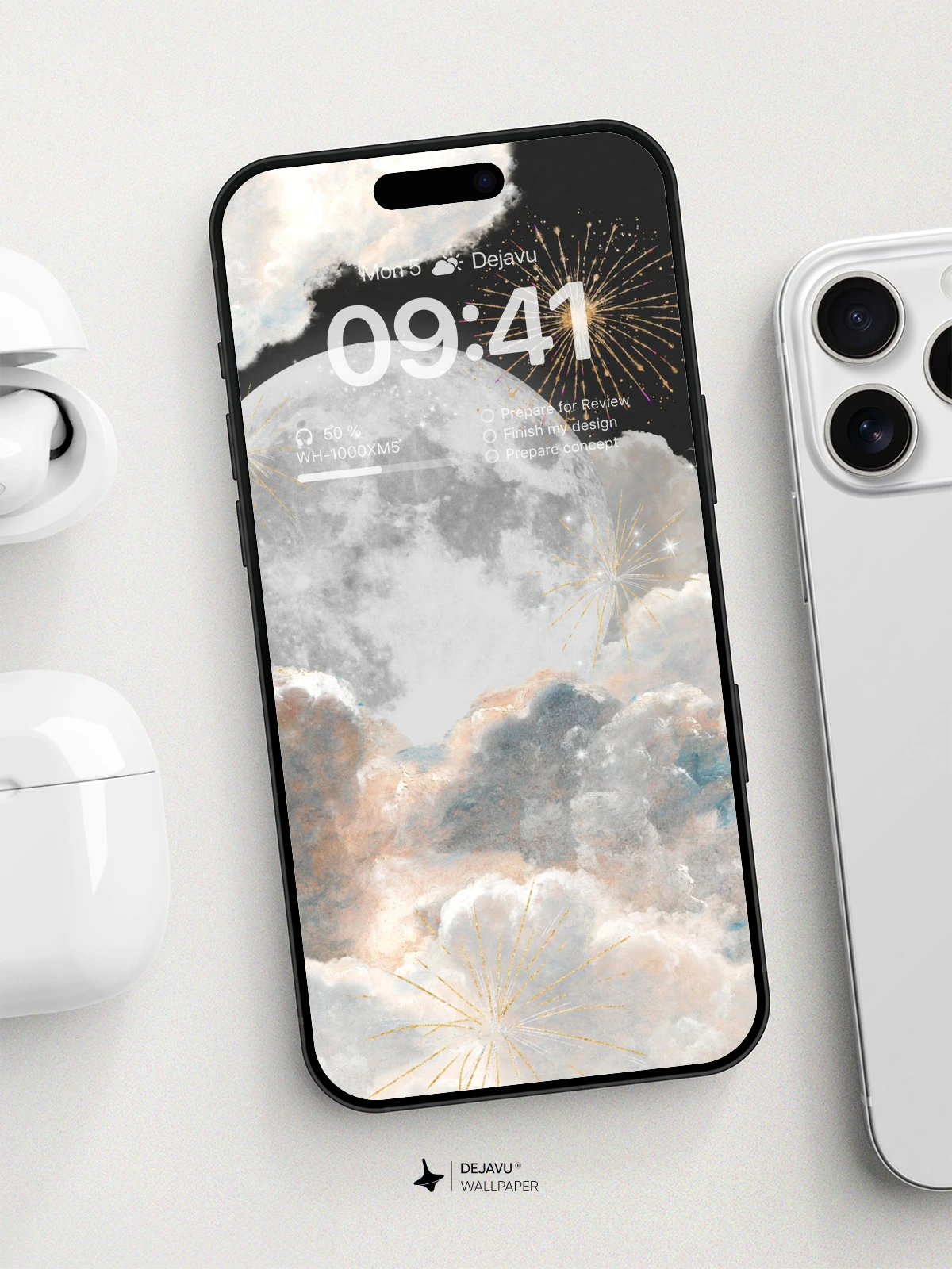 8K Aesthetic Moonlit Fireworks Wallpaper