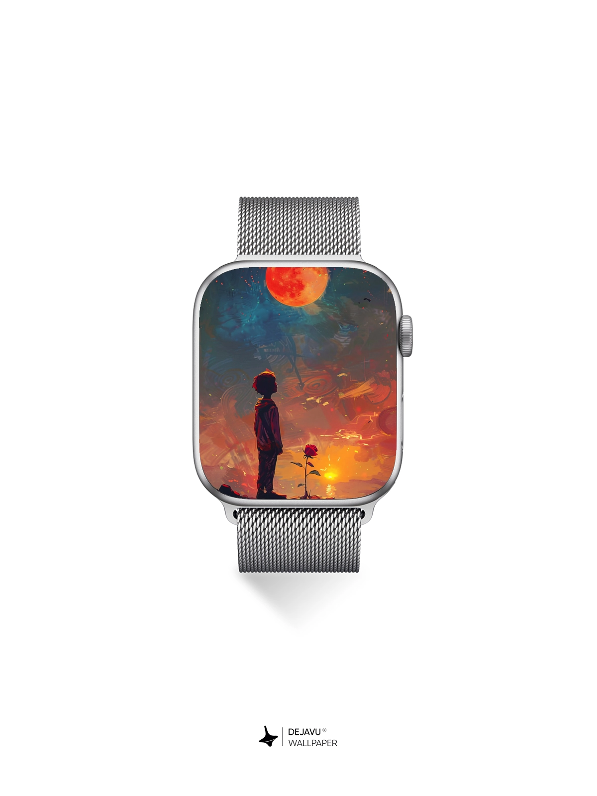 8K Abstract Fantasy Illustration: Boy and the Red Moon