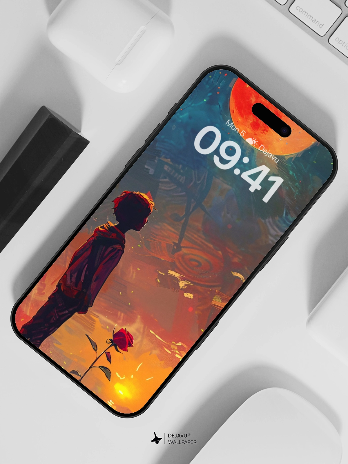8K Abstract Fantasy Illustration: Boy and the Red Moon