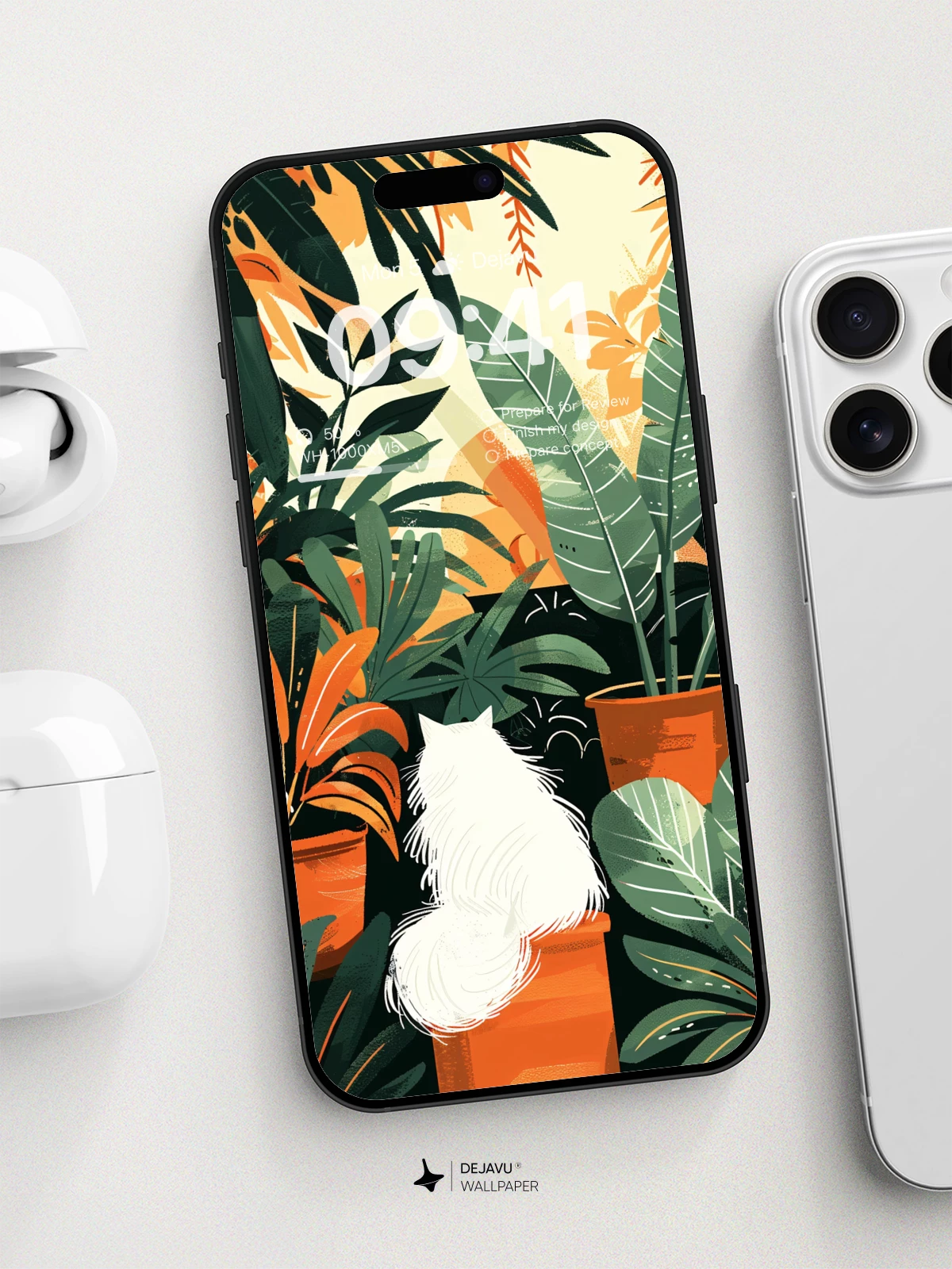 Whimsical Cat Among Tropical Plants Wallpaper 8K