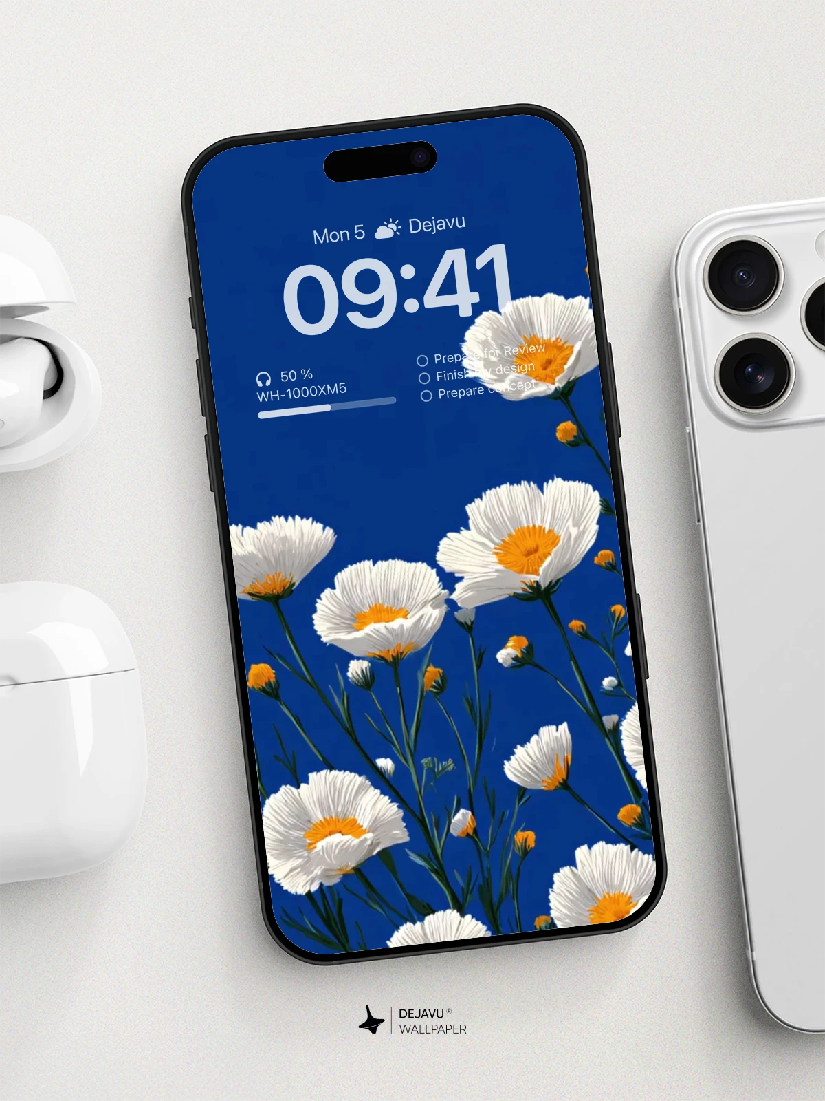 White Flowers on Blue Wallpaper 8K for iPhone