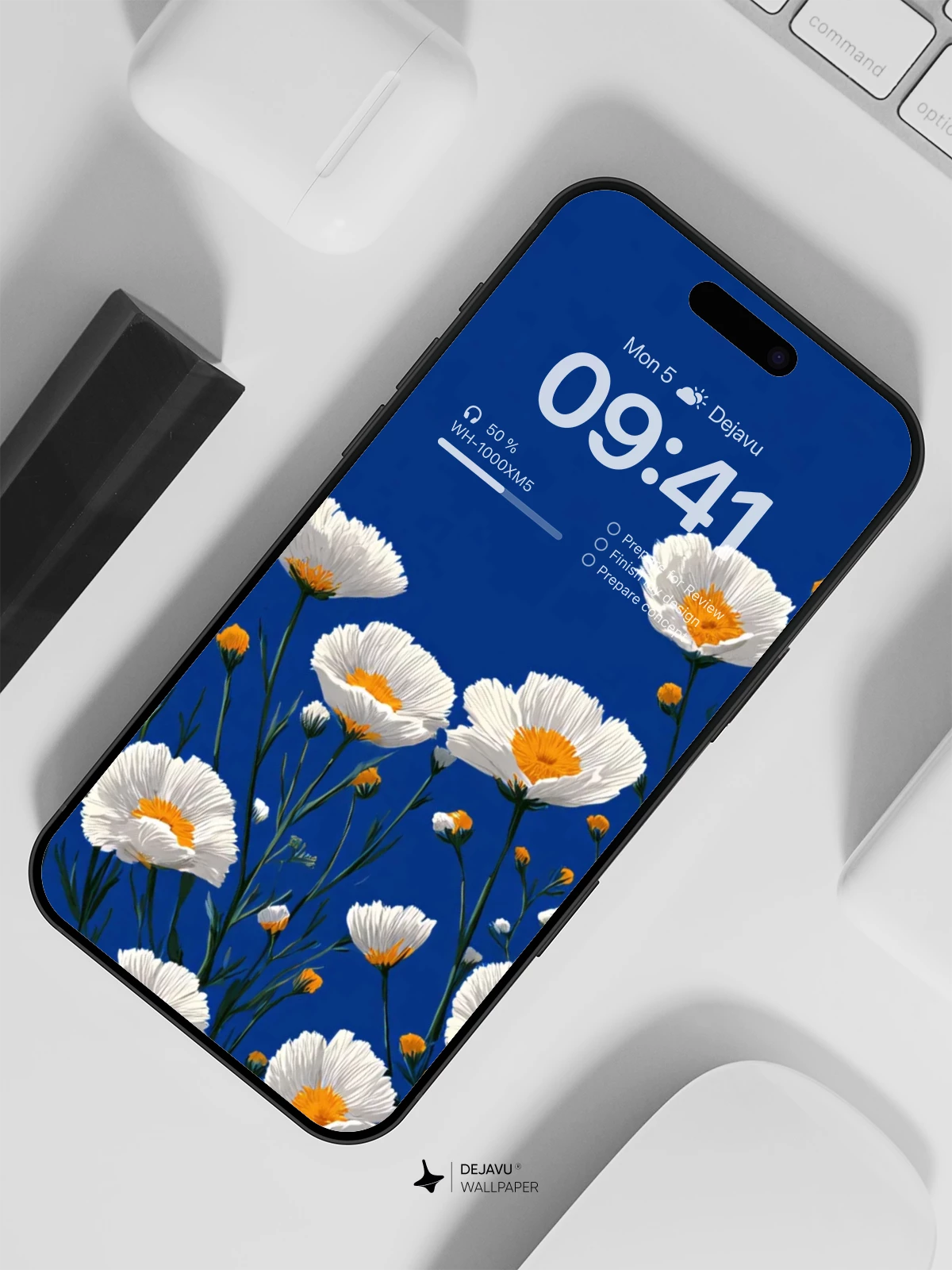 White Flowers on Blue Wallpaper 8K for iPhone