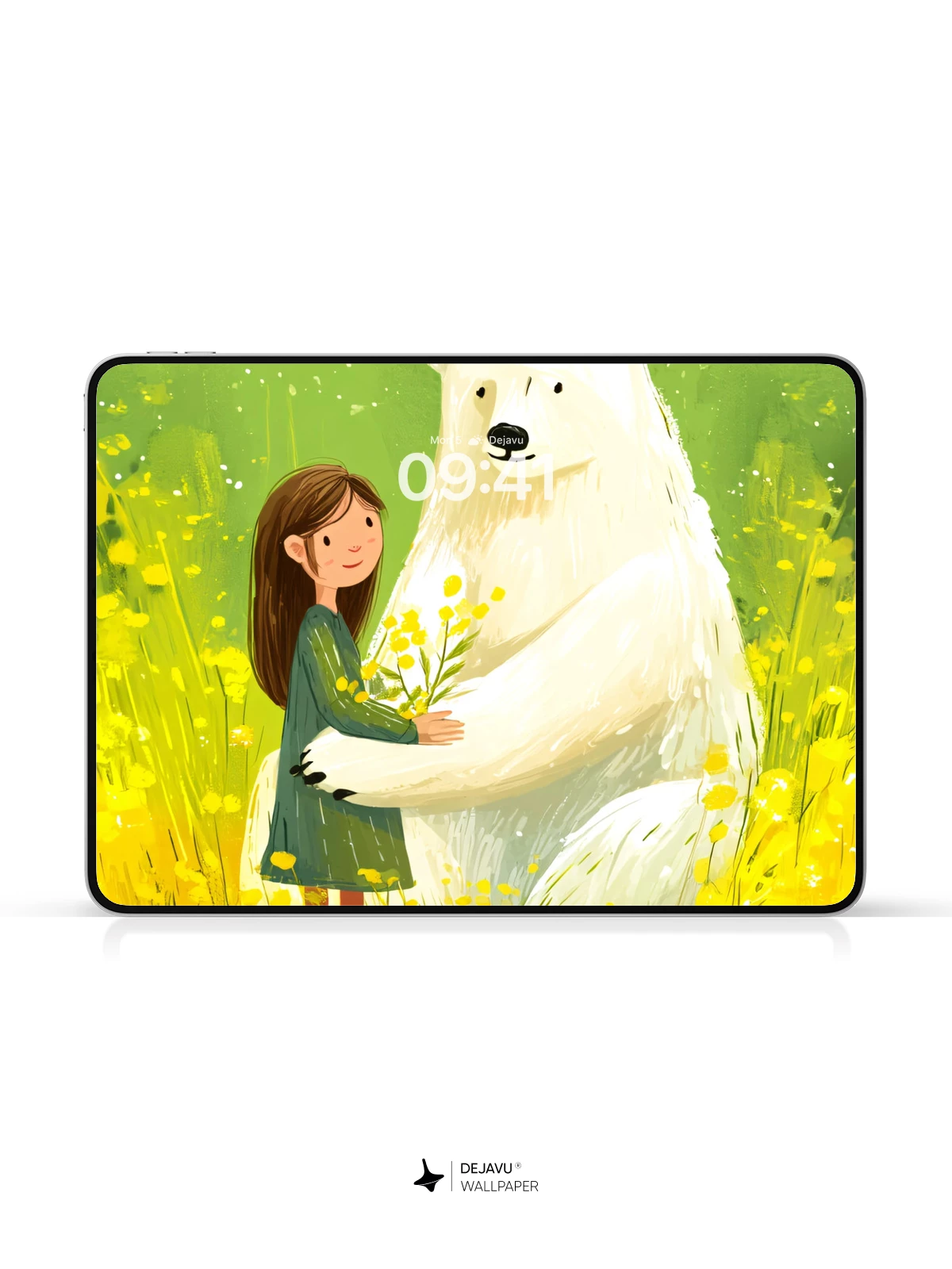 Whimsical Polar Bear and Girl in Yellow Field Wallpaper 8K