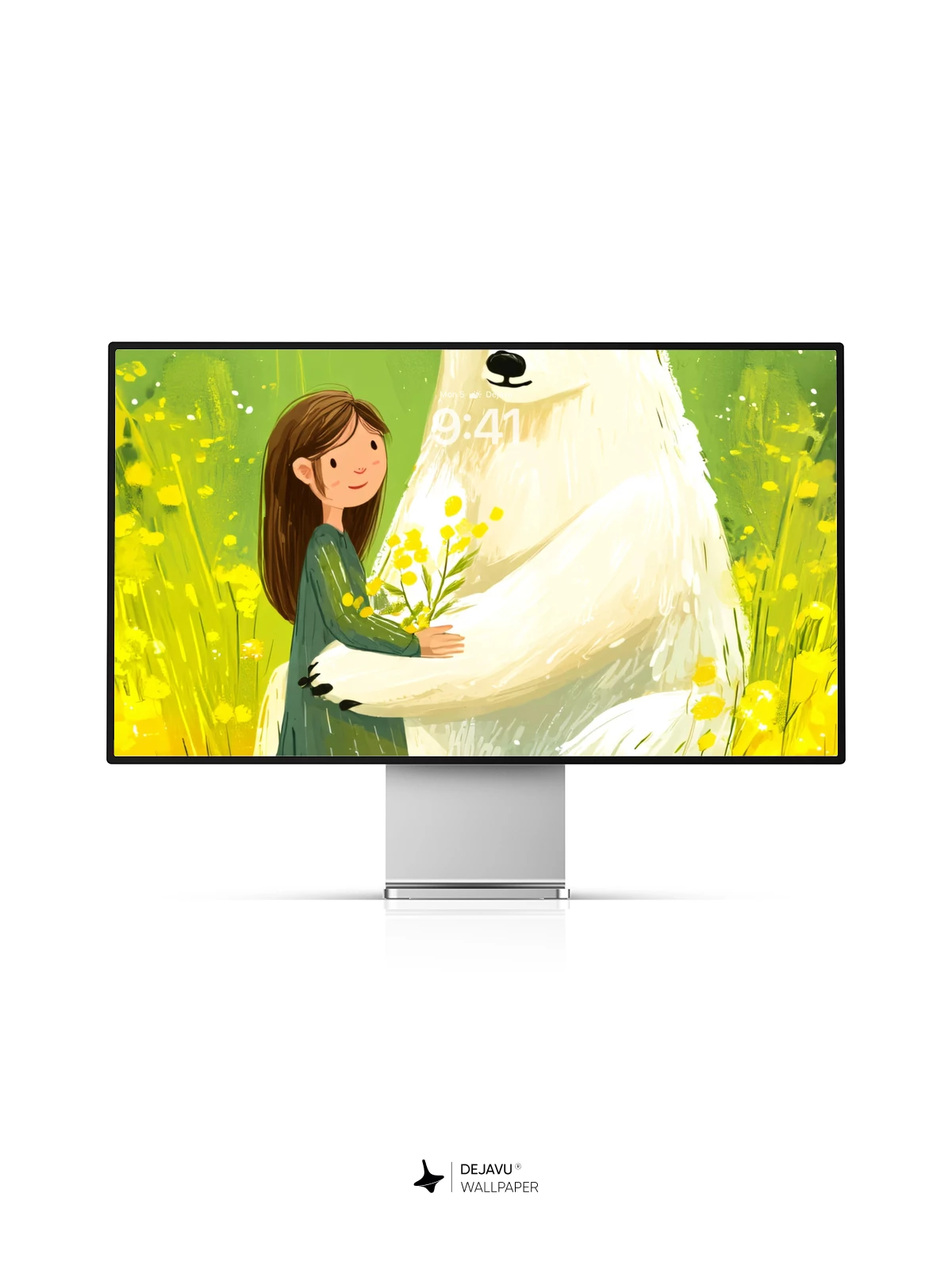 Whimsical Polar Bear and Girl in Yellow Field Wallpaper 8K