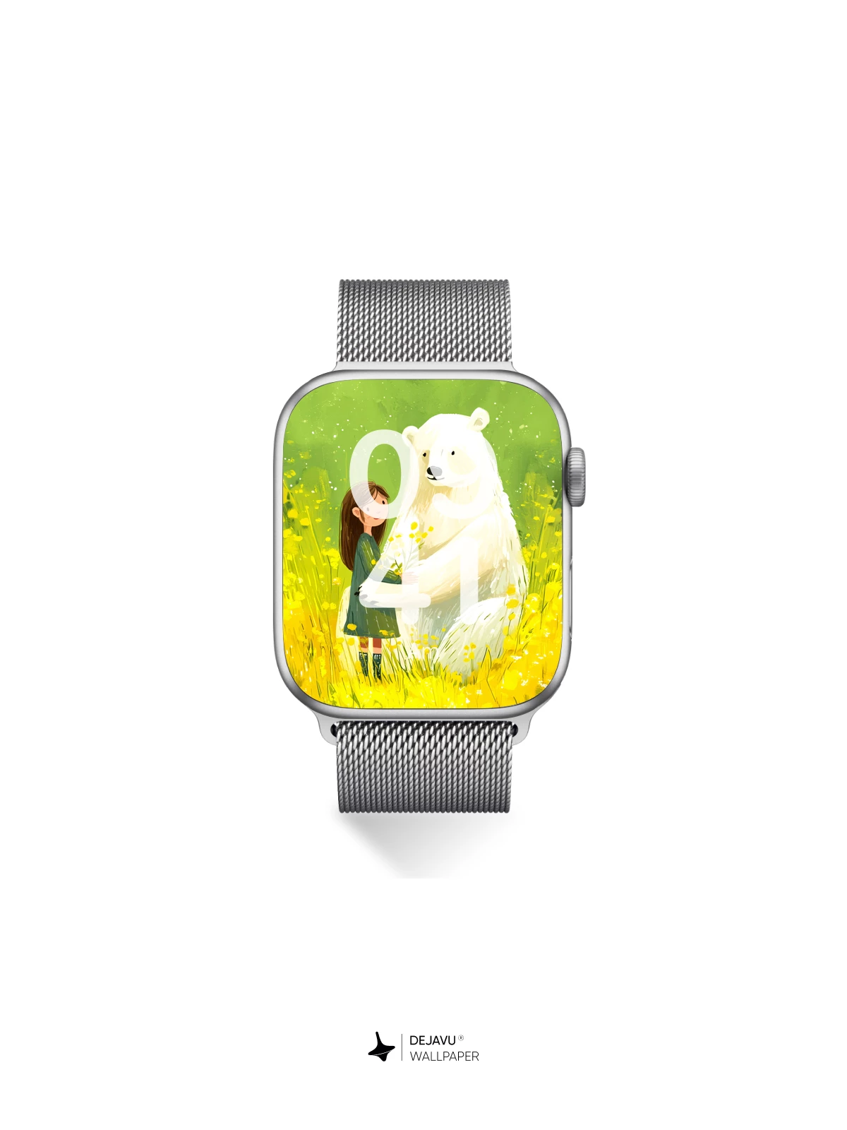 Whimsical Polar Bear and Girl in Yellow Field Wallpaper 8K