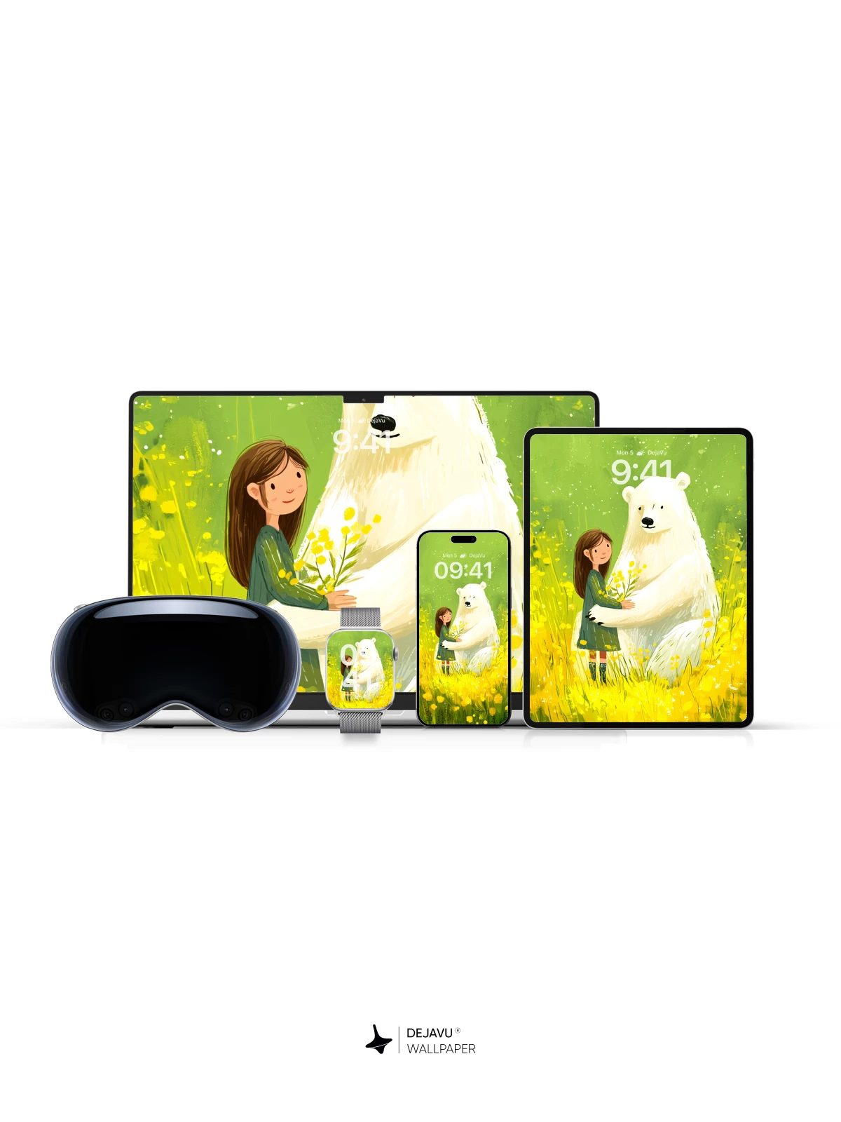 Whimsical Polar Bear and Girl in Yellow Field Wallpaper 8K