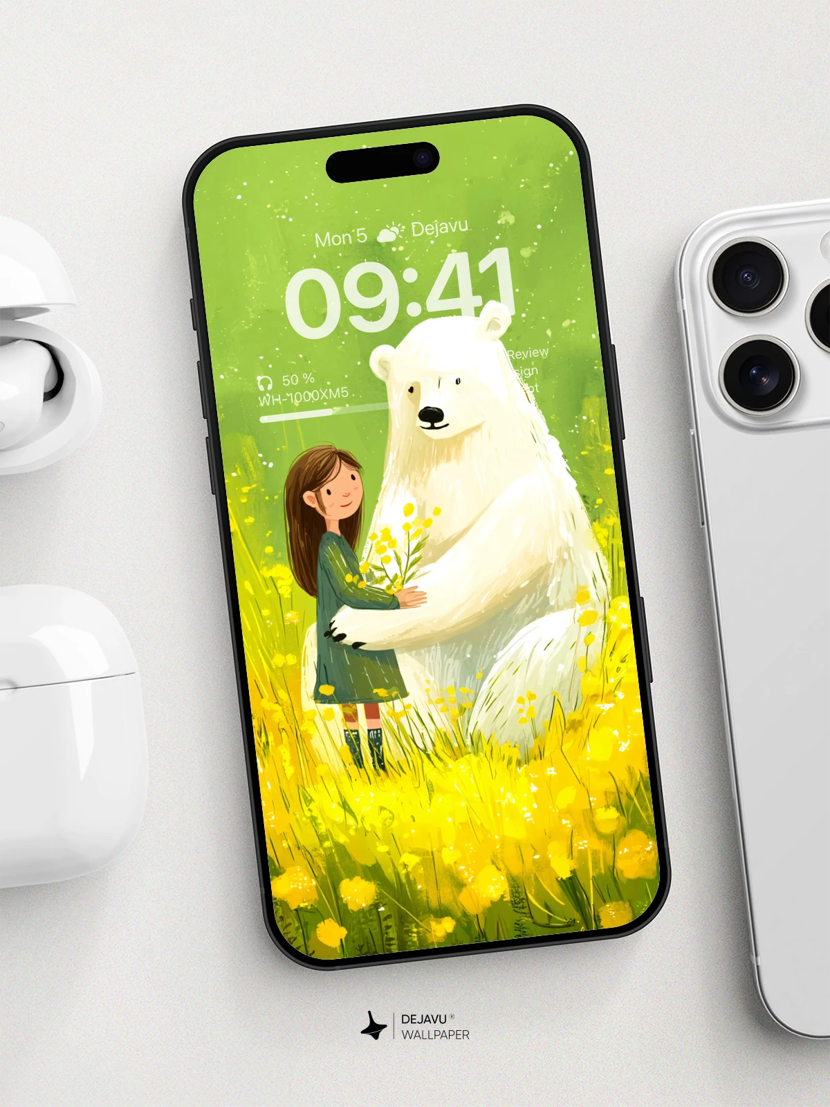 Whimsical Polar Bear and Girl in Yellow Field Wallpaper 8K