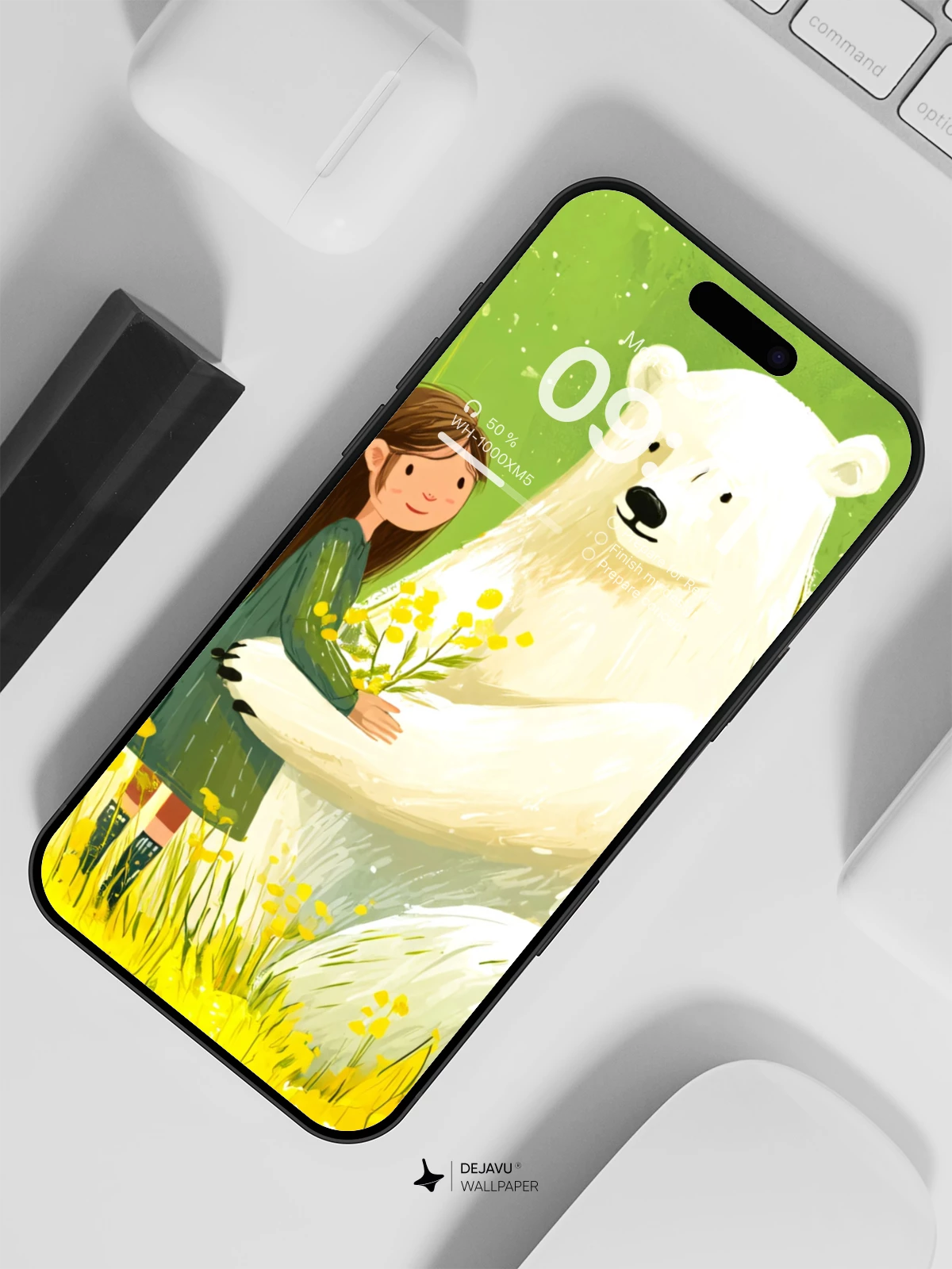 Whimsical Polar Bear and Girl in Yellow Field Wallpaper 8K