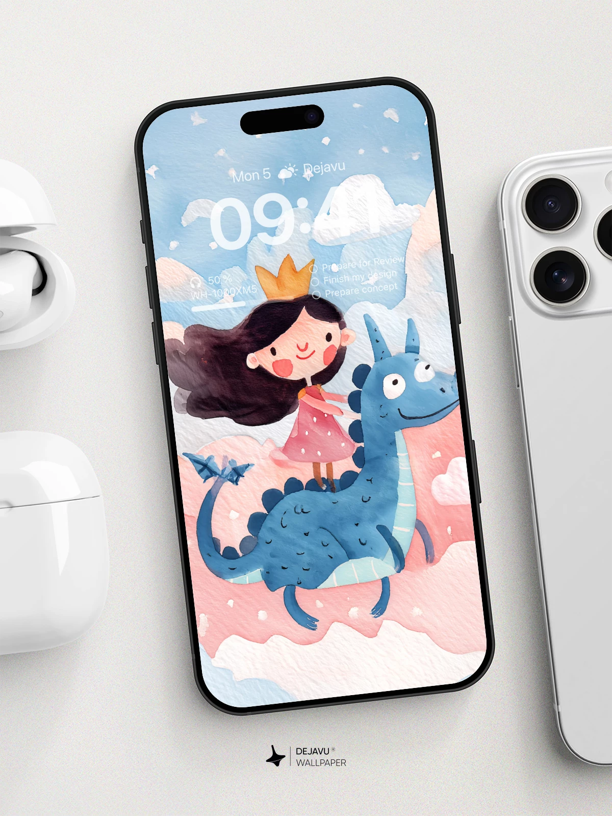 Whimsical Princess and Dragon Cloud Adventure Wallpaper 8K