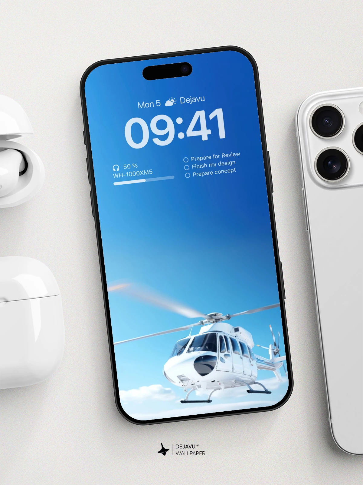 White Helicopter Soaring Sky Wallpaper 8K for iPhone and Android