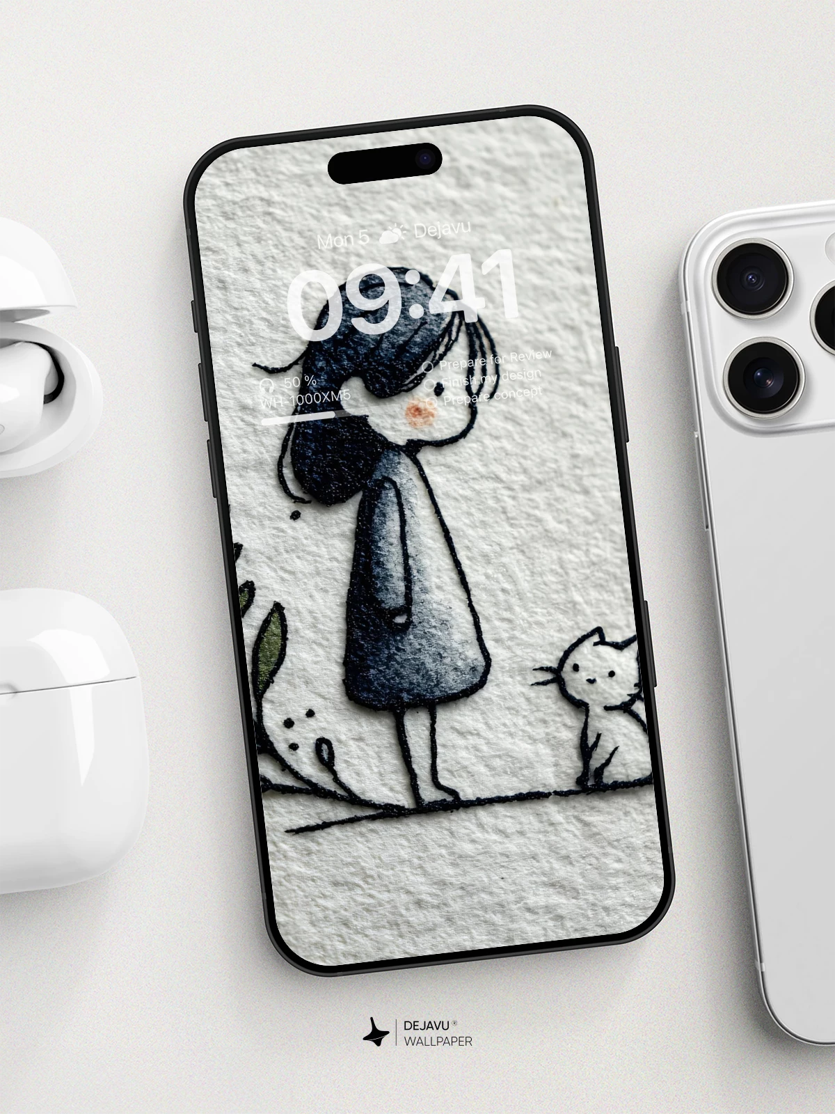 Whimsical Girl and Cat Sketch Wallpaper 8K for iPhone and Android