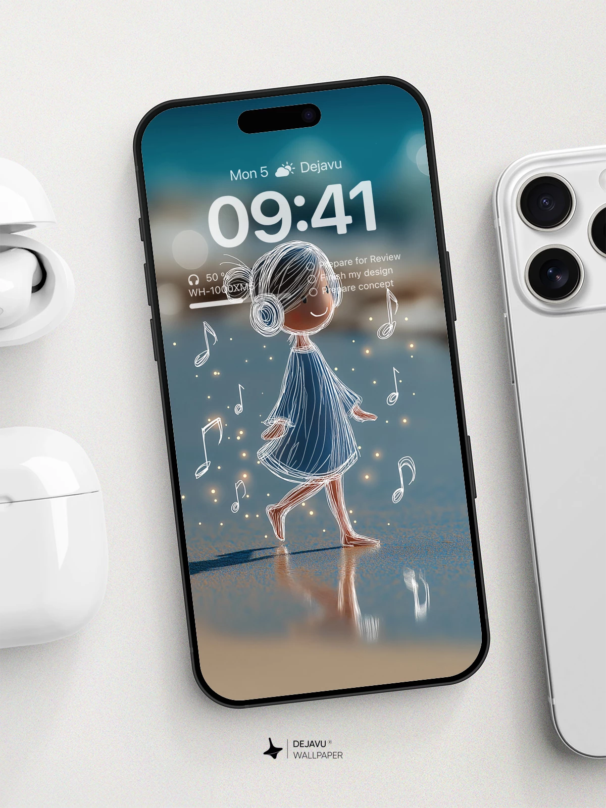 Whimsical Beach Girl With Music Notes Wallpaper 8K