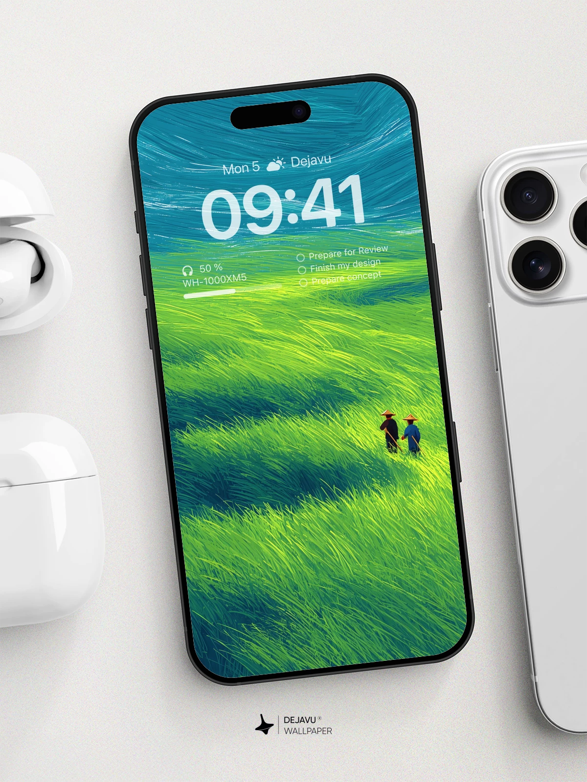 Surreal Green Fields Under Turquoise Sky Wallpaper 8K for iPhone and Android