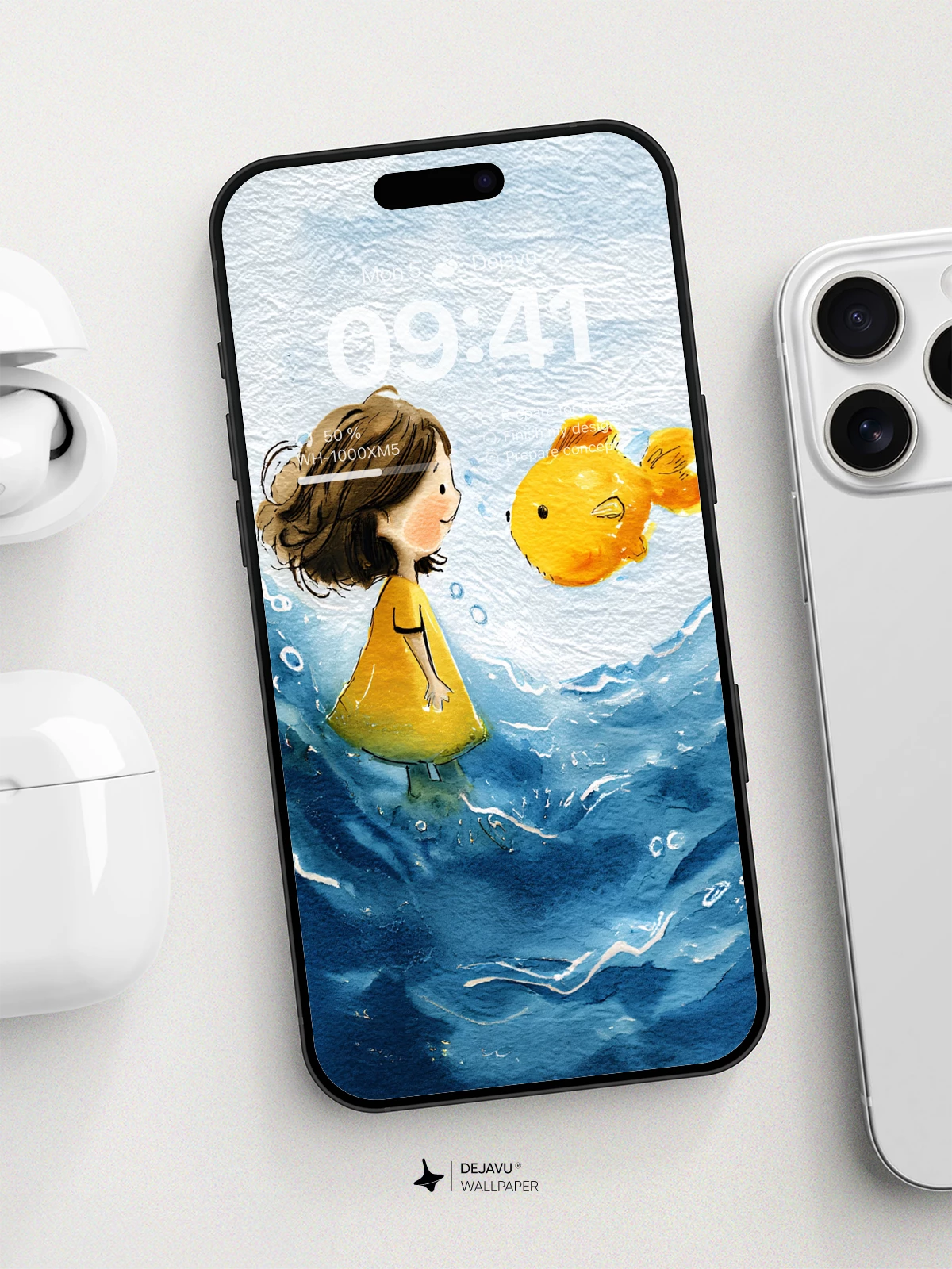 Whimsical Watercolor Girl and Goldfish Wallpaper 8K for iPhone and Android