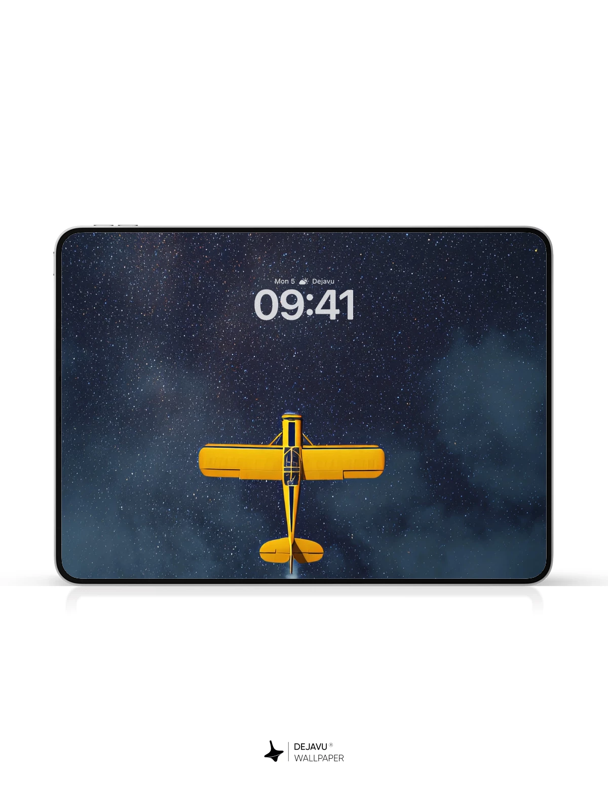 Yellow Plane Soars Through Starry Night Sky Wallpaper 8K