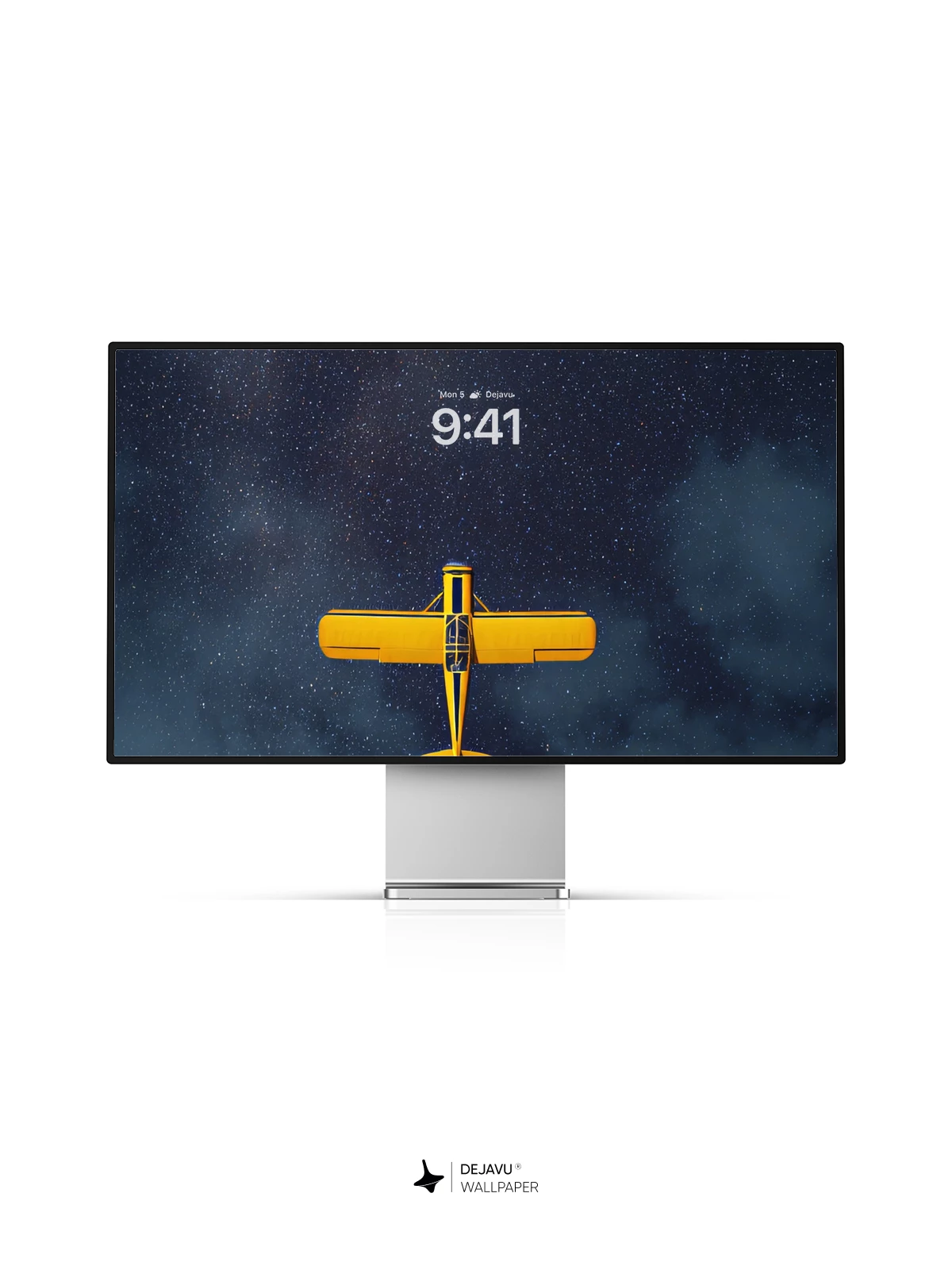 Yellow Plane Soars Through Starry Night Sky Wallpaper 8K