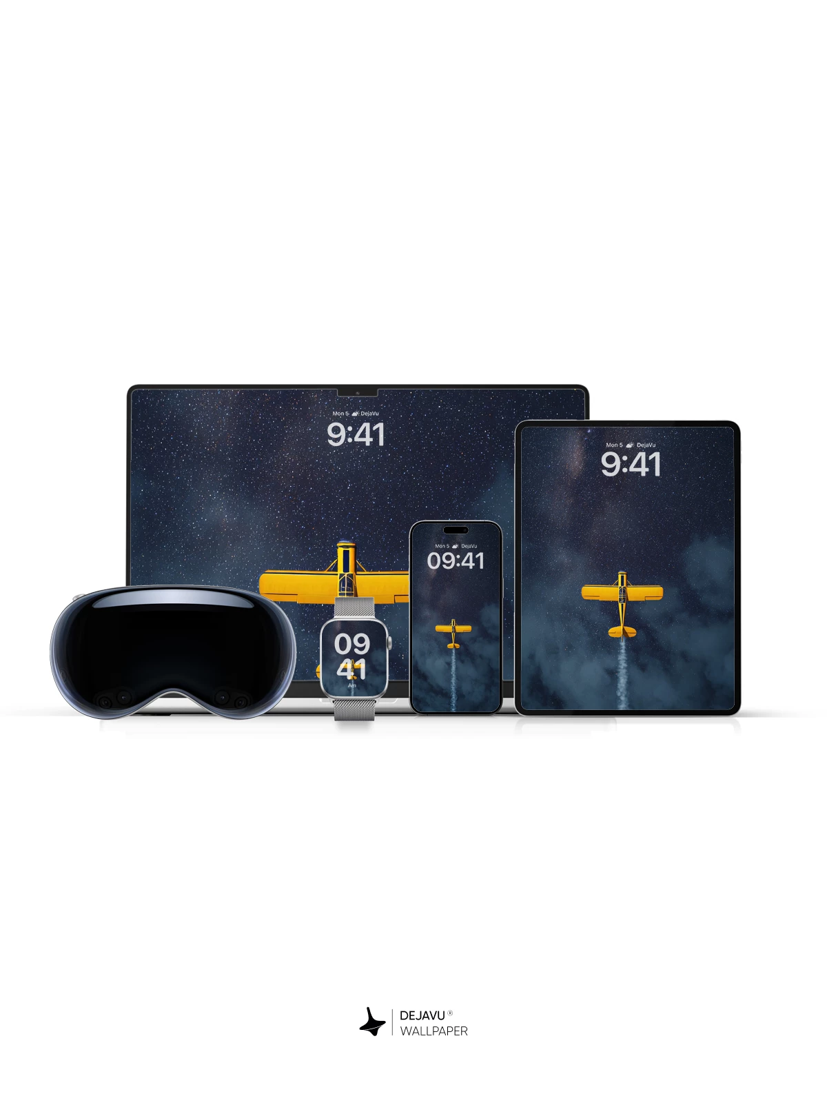 Yellow Plane Soars Through Starry Night Sky Wallpaper 8K
