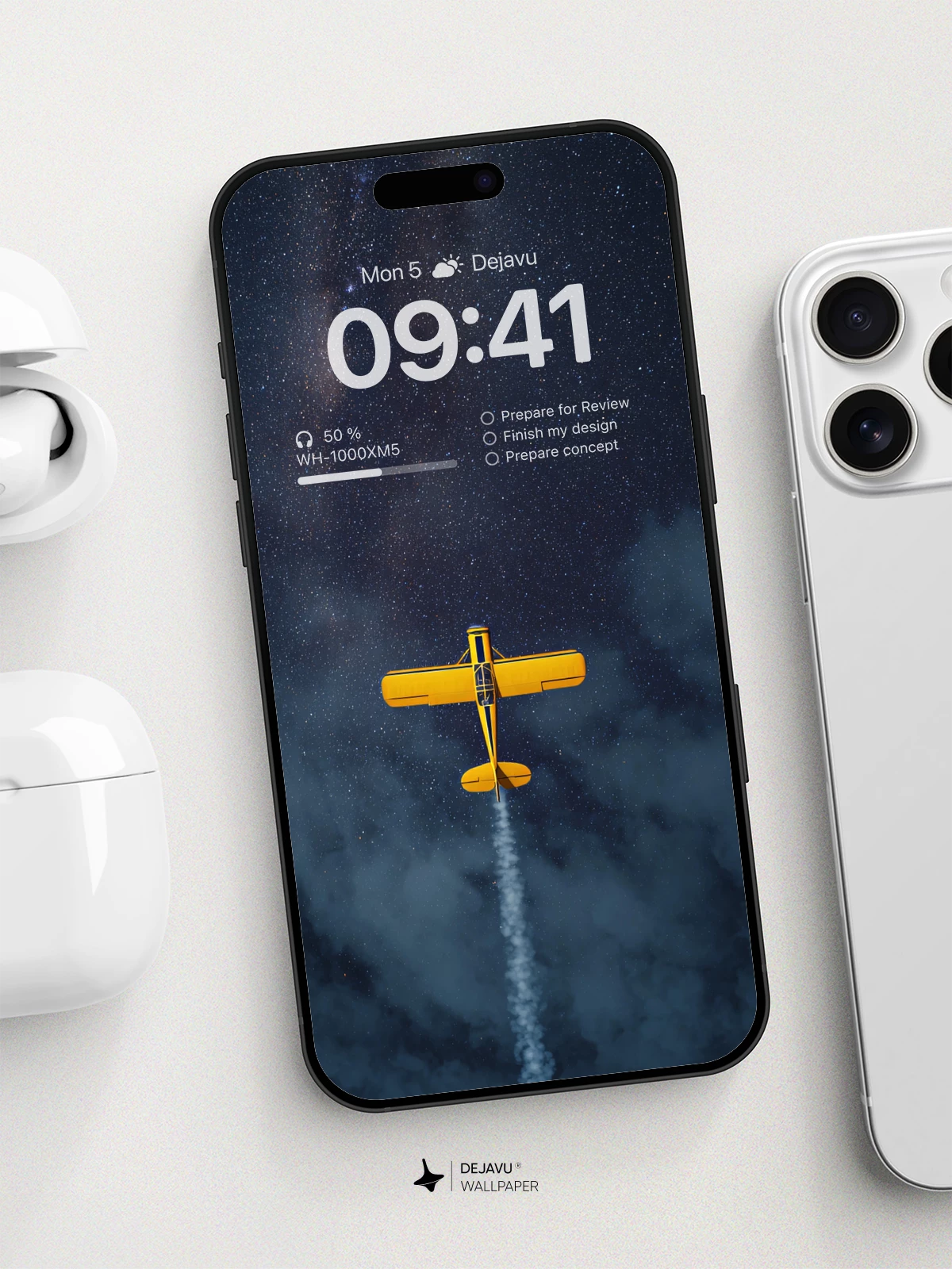 Yellow Plane Soars Through Starry Night Sky Wallpaper 8K