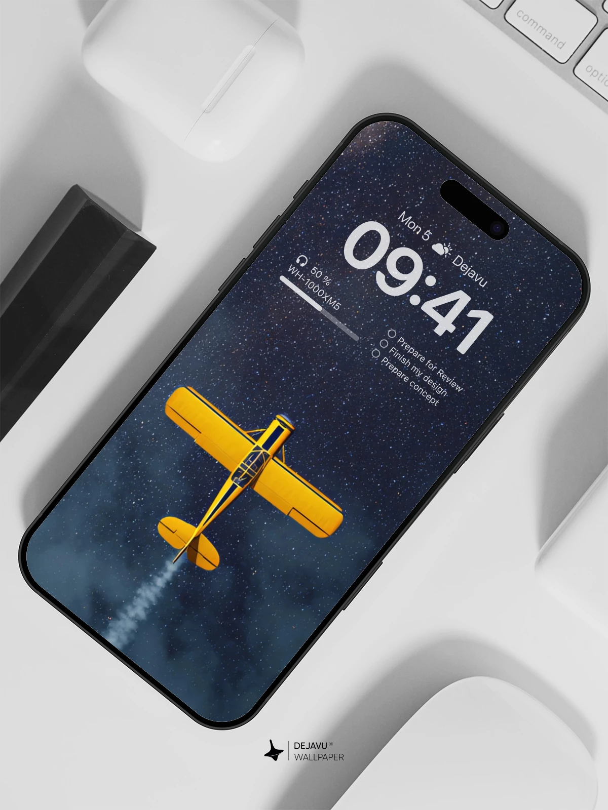 Yellow Plane Soars Through Starry Night Sky Wallpaper 8K