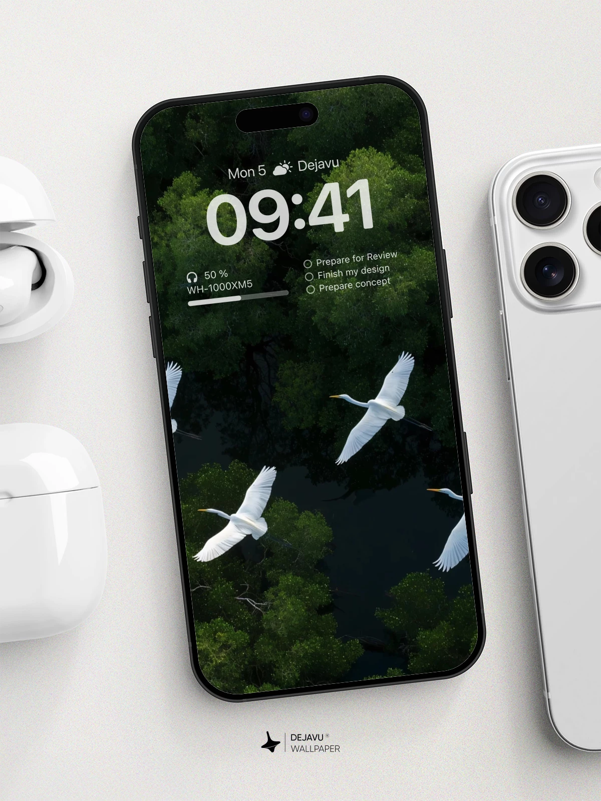 White Herons Soaring Over Forest Wallpaper 8K