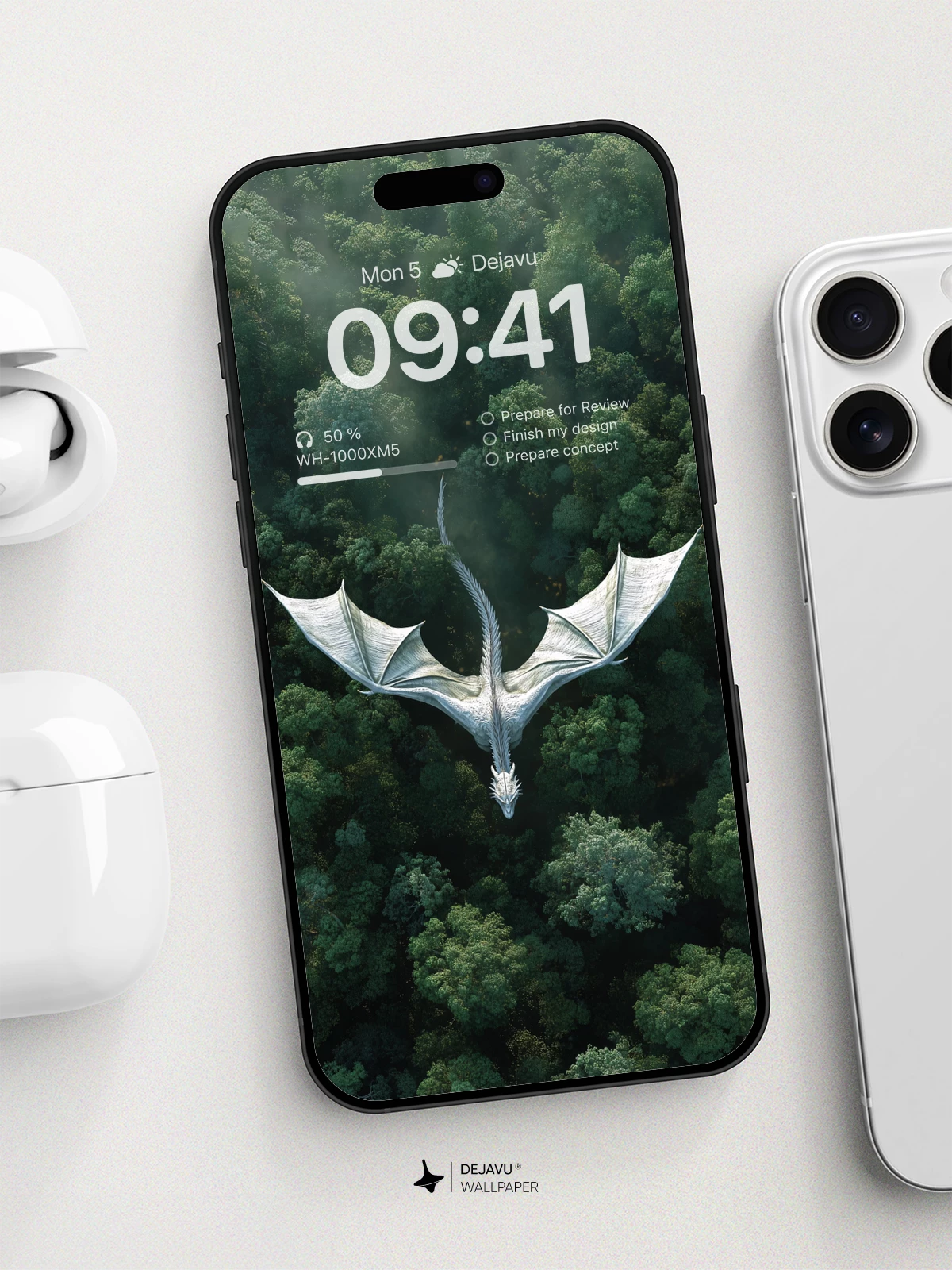 White Dragon Soaring Over Forest Wallpaper 8K for iPhone and Android