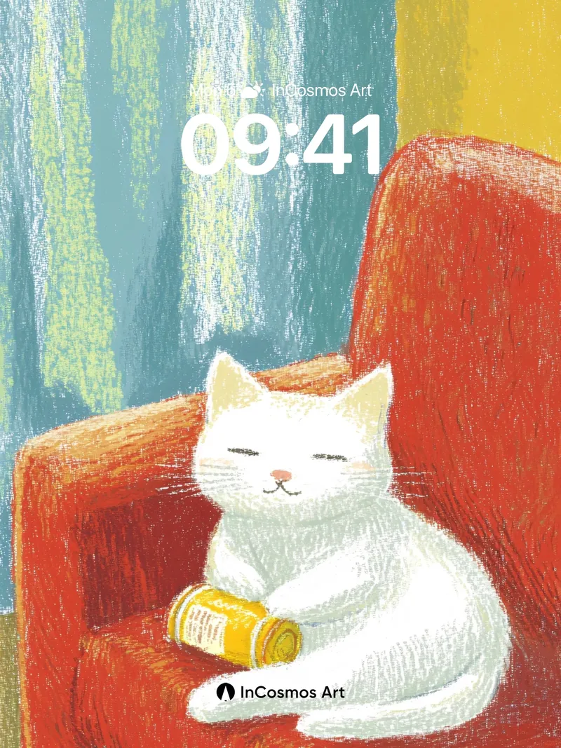 Serene White Cat Wallpaper with Golden Can