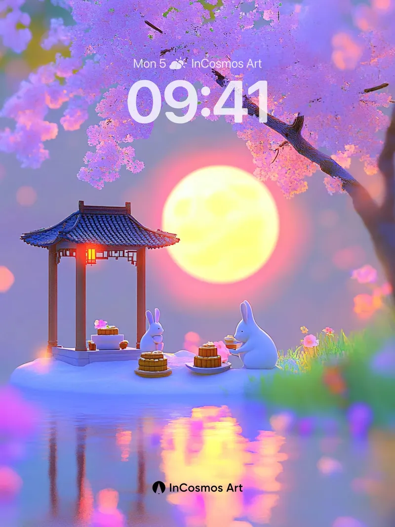 Lunar Serenade Wallpaper with Cherry Blossom Reflections