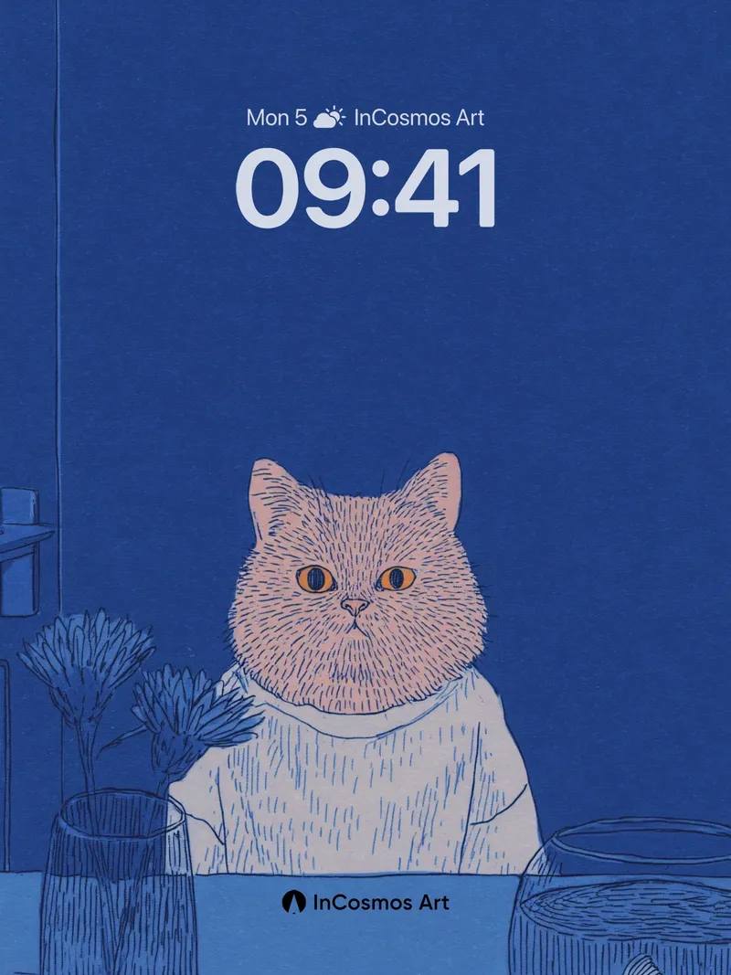 Blue Hush Wallpaper with Cat and Fishbowl