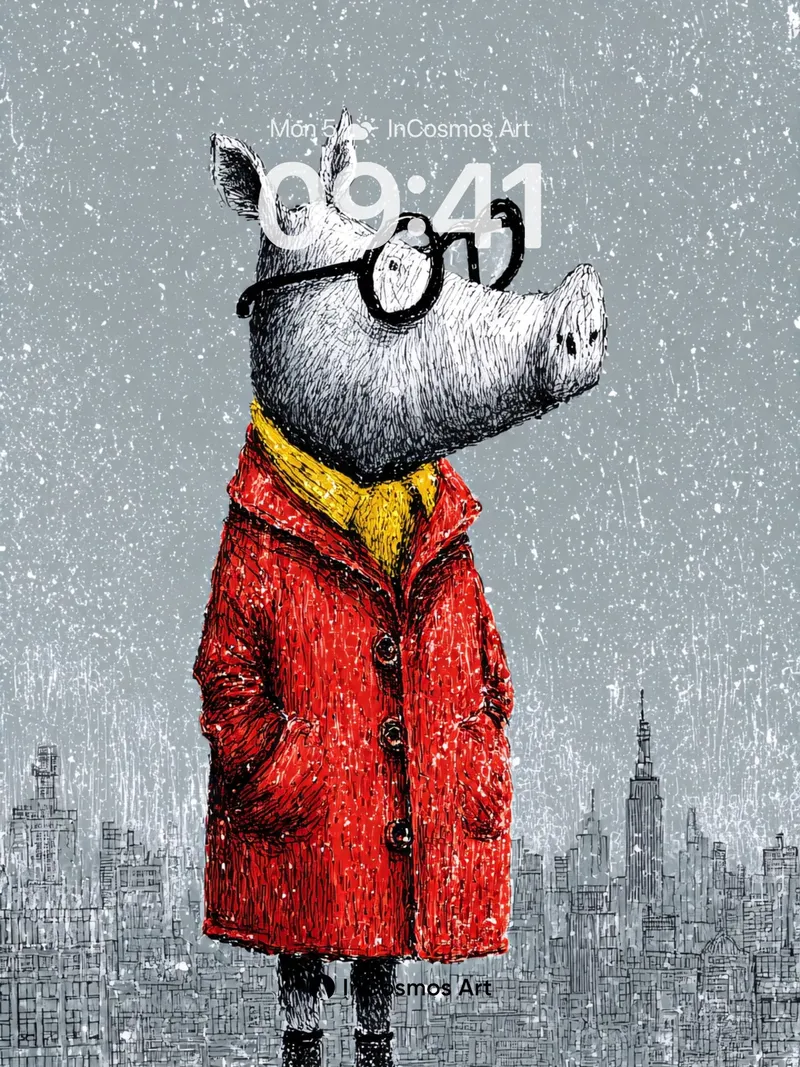 Snowbound Piglet Wallpaper with City Silhouettes