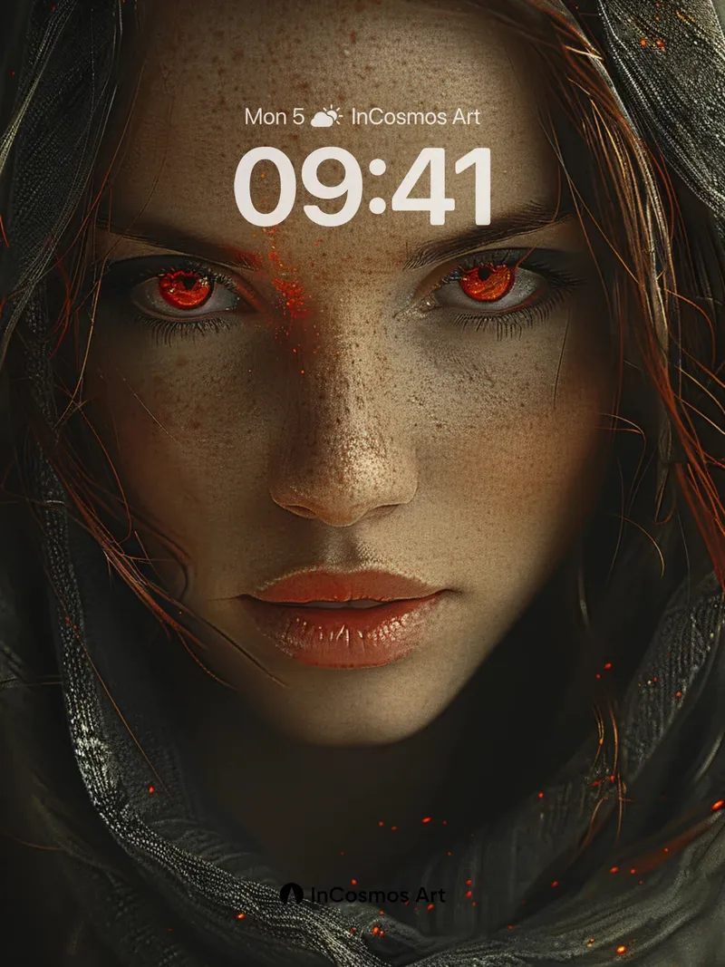 Ember-Eyed Hooded Wallpaper with Glowing Particles