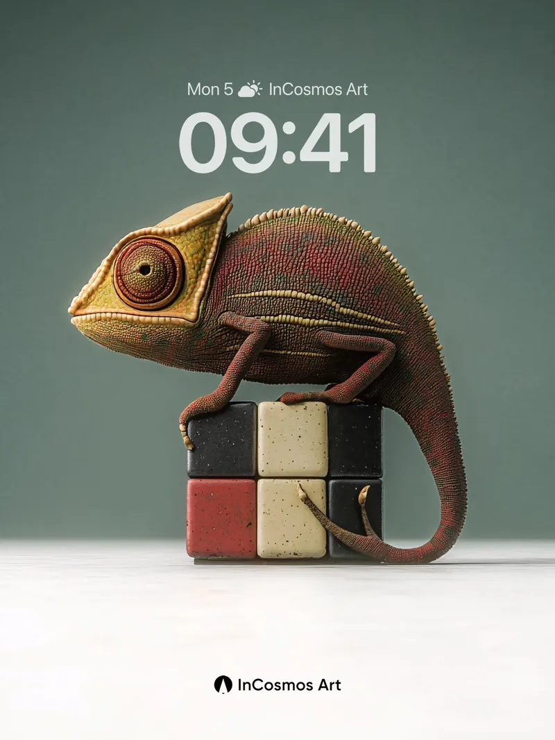 Chameleon Stillness Wallpaper with Cubic Geometry