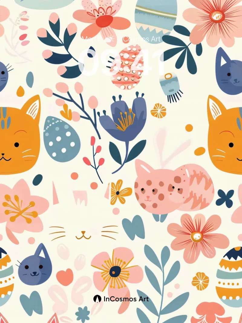 Whimsical Kitty Garden Wallpaper with Easter Eggs
