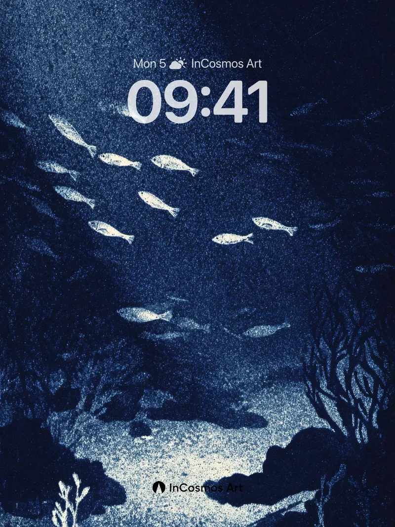 Moonlit Depths Wallpaper with Silver Fish Shadows